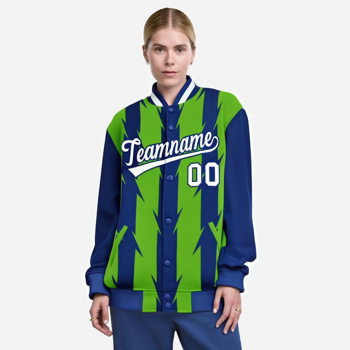 Custom Neon Green Royal Blue-White Blade Graffiti Pattern Varsity Full-Snap Jacket