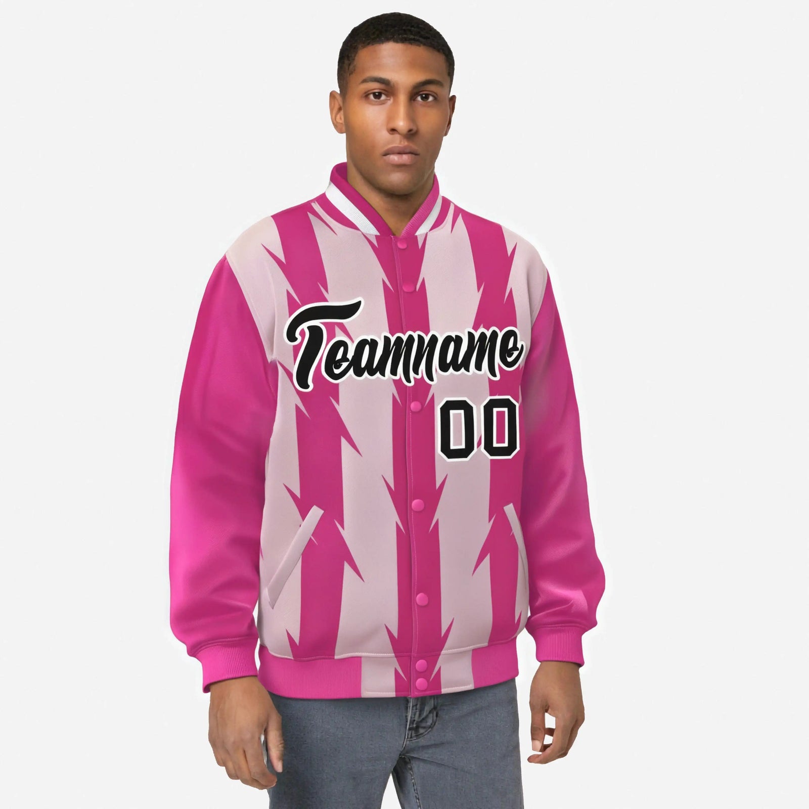 Custom Pink Light Pink Black-White Blade Graffiti Pattern Varsity Full-Snap Jacket