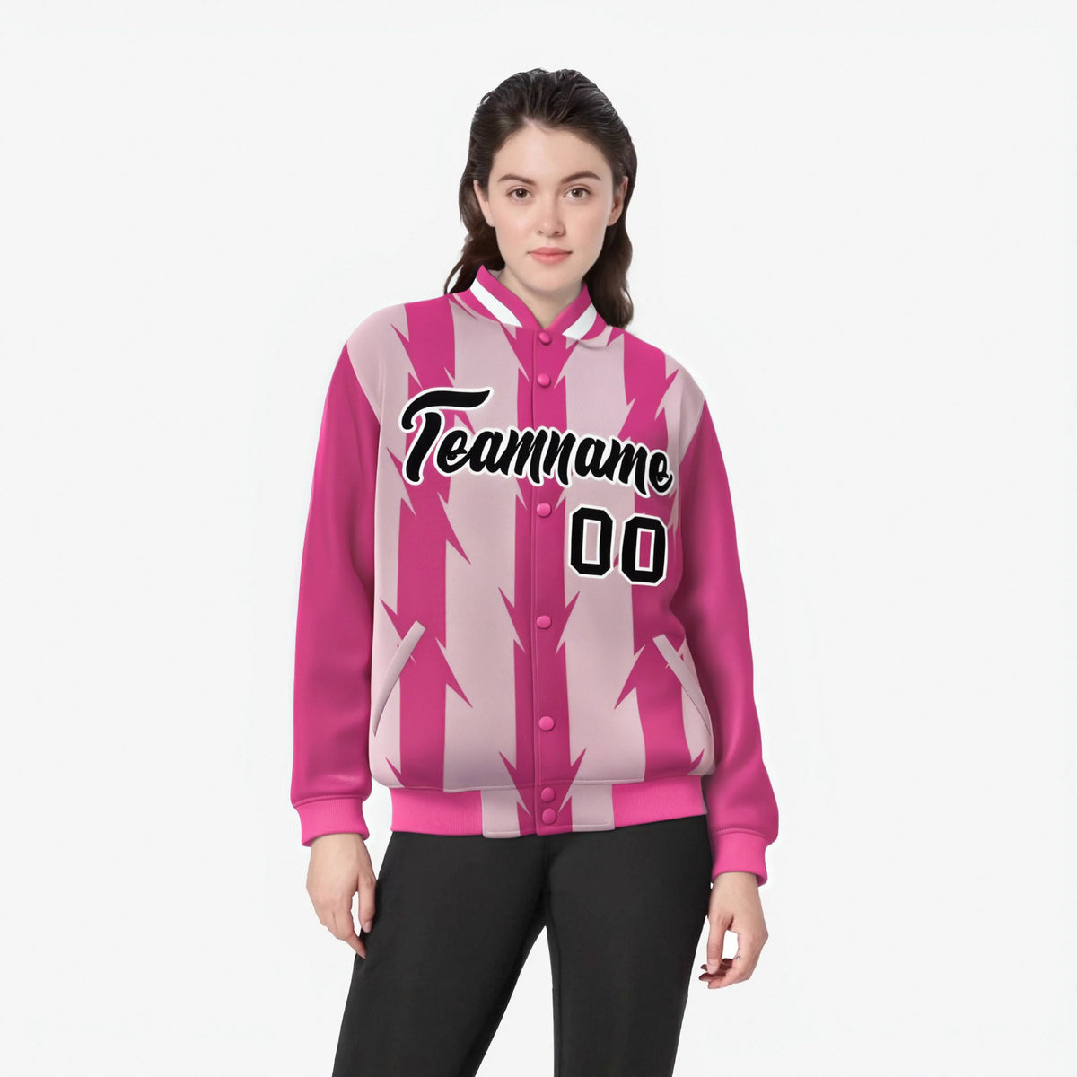 Custom Pink Light Pink Black-White Blade Graffiti Pattern Varsity Full-Snap Jacket