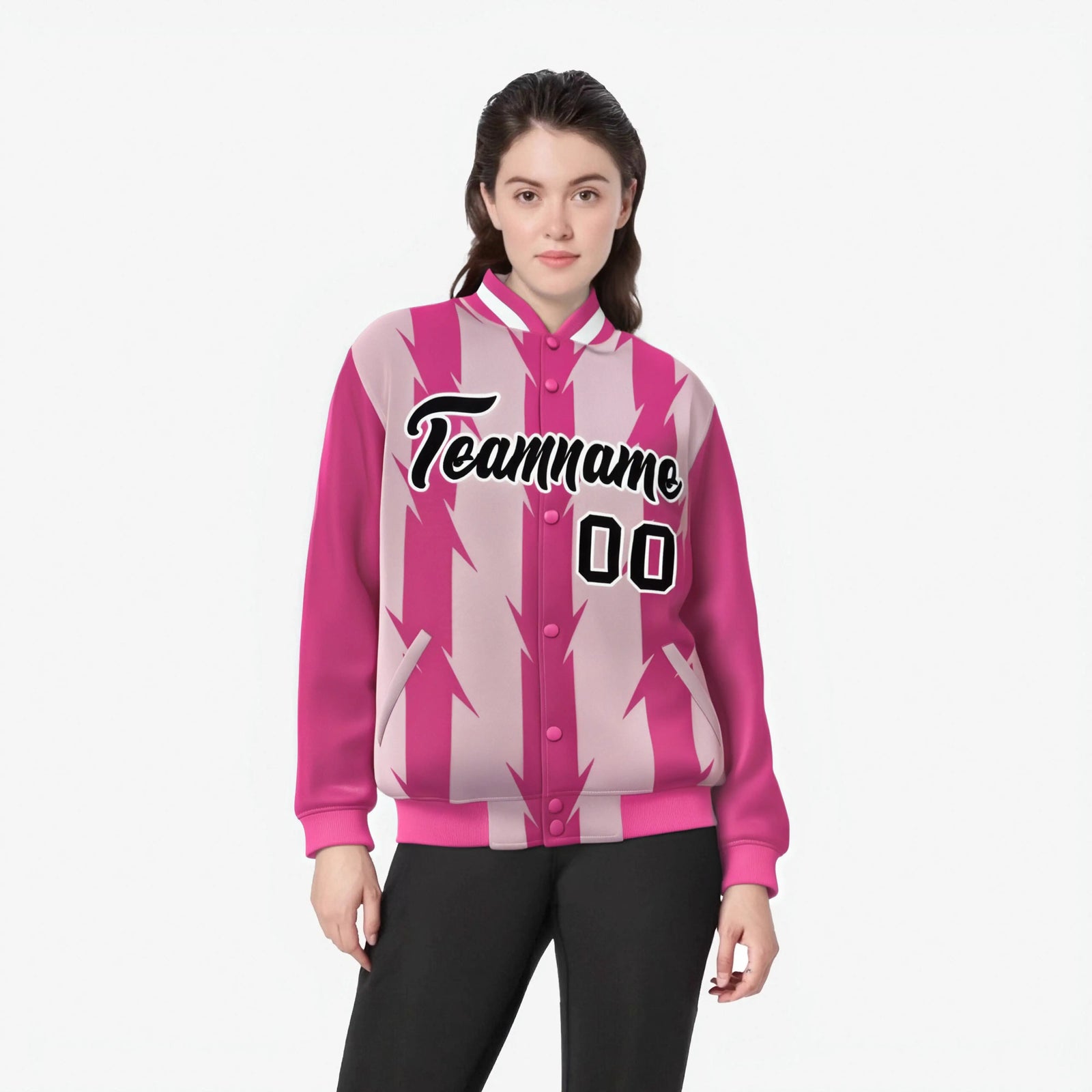 Custom Pink Light Pink Black-White Blade Graffiti Pattern Varsity Full-Snap Jacket