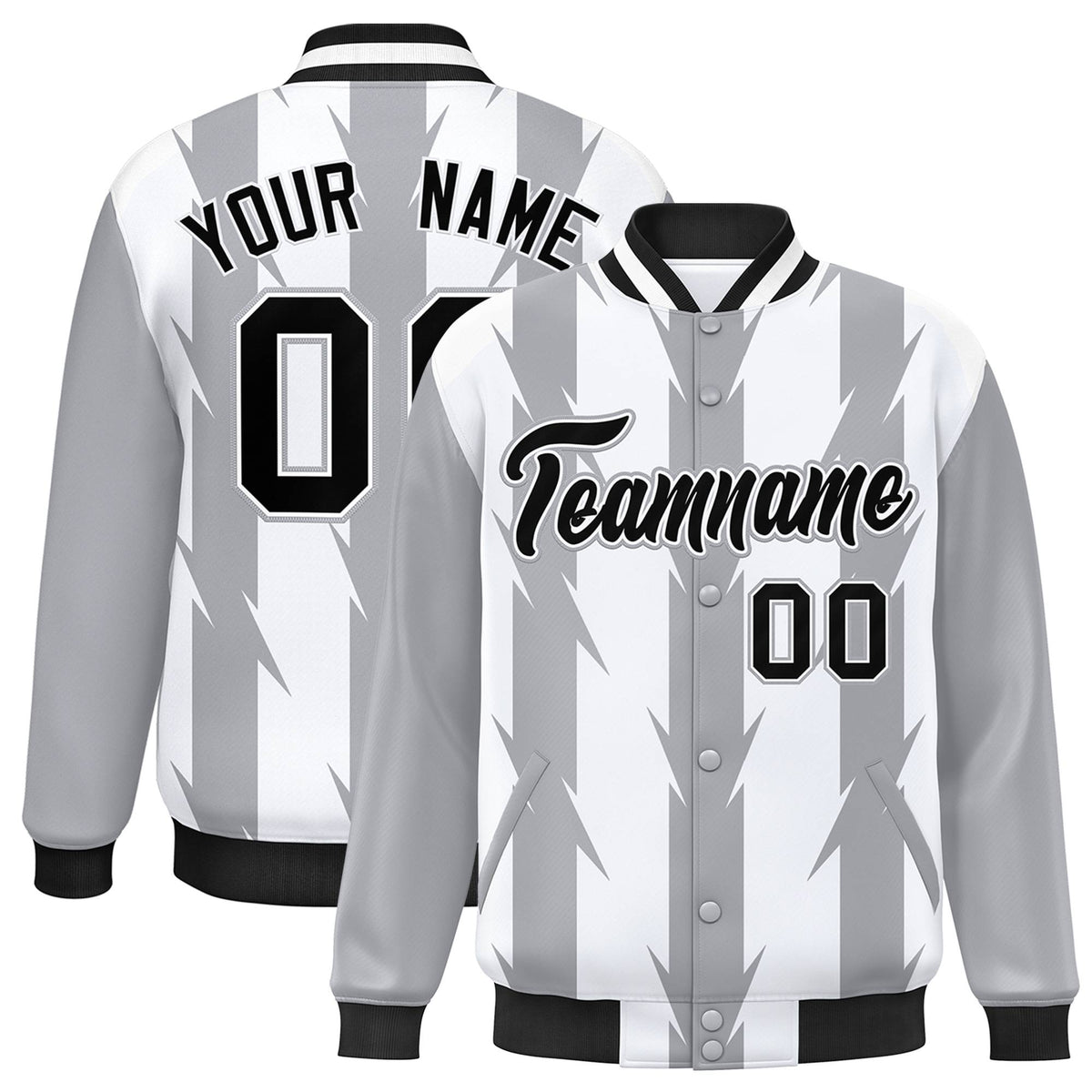 Custom White Gray-Black Blade Graffiti Pattern Varsity Full-Snap Jacket