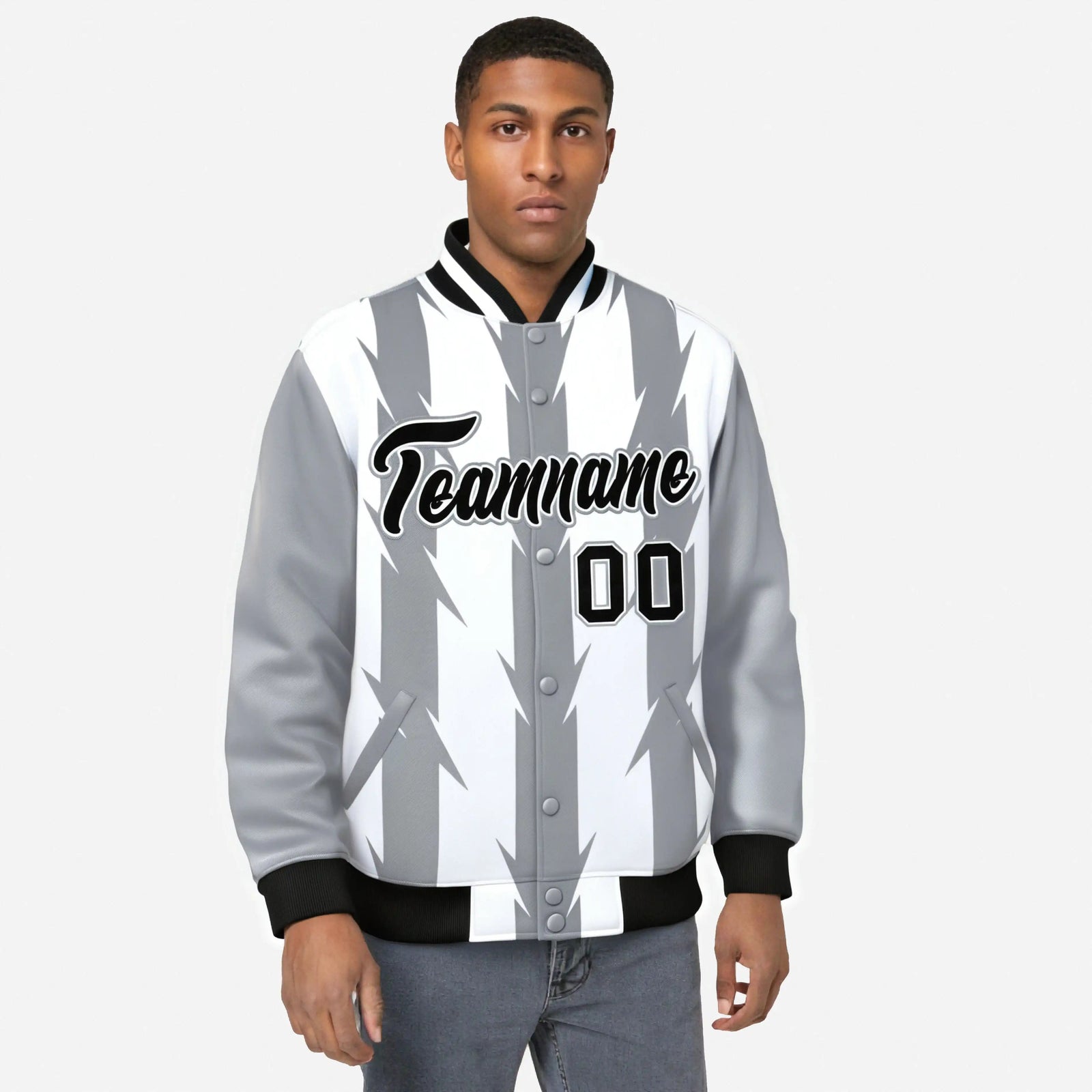 Custom White Gray-Black Blade Graffiti Pattern Varsity Full-Snap Jacket