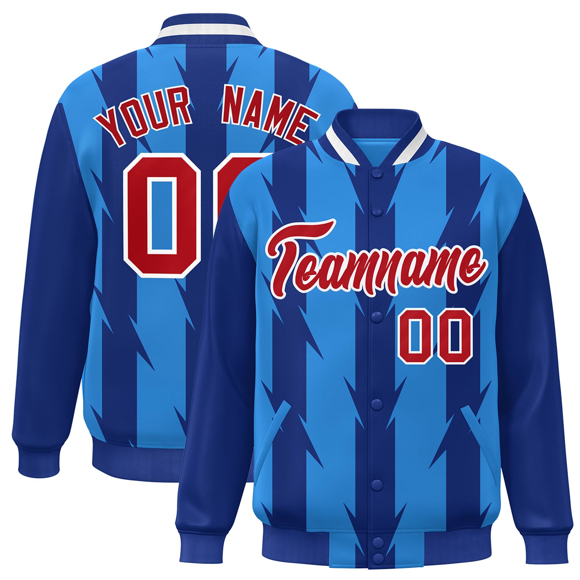 Custom Royal Blue Powder-Blue Red-White Blade Graffiti Pattern Varsity Full-Snap Jacket