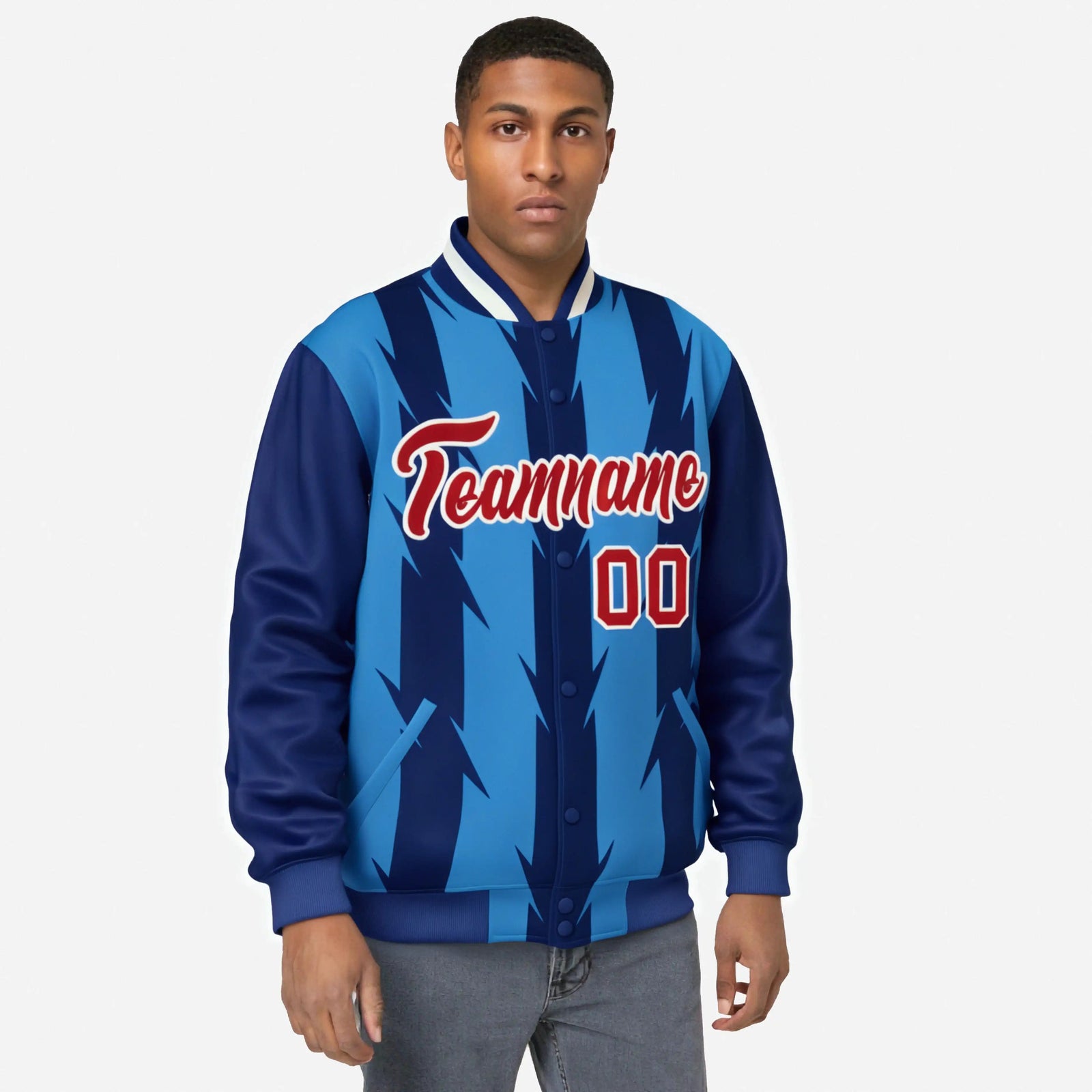 Custom Royal Blue Powder-Blue Red-White Blade Graffiti Pattern Varsity Full-Snap Jacket