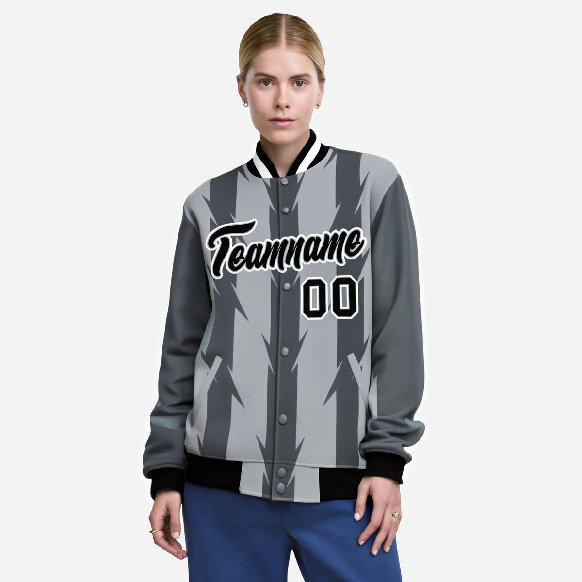 Custom Gray Dark Gray Black-White Blade Graffiti Pattern Varsity Full-Snap Jacket