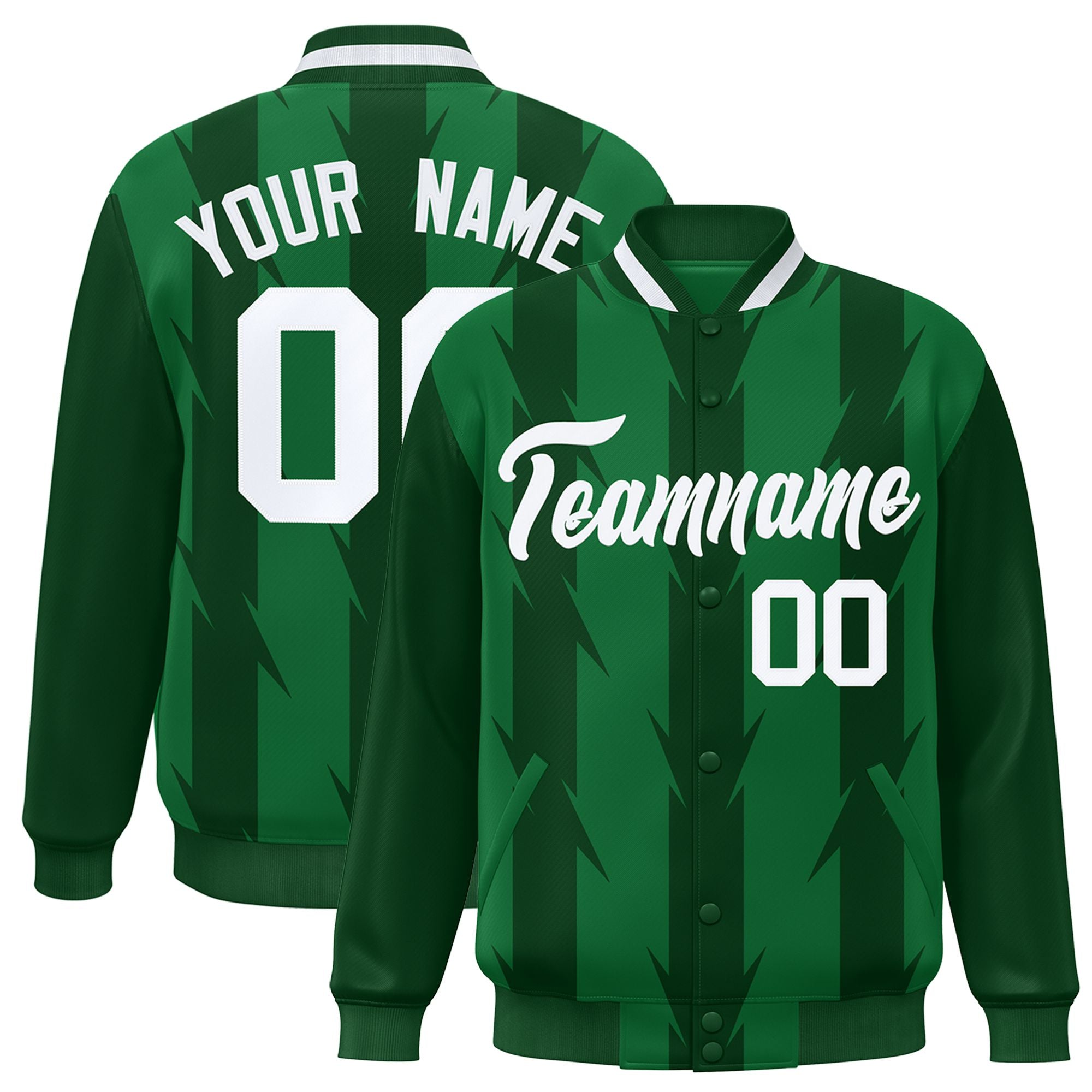 Custom Green Kelly Green-White Blade Graffiti Pattern Varsity Full-Snap Jacket