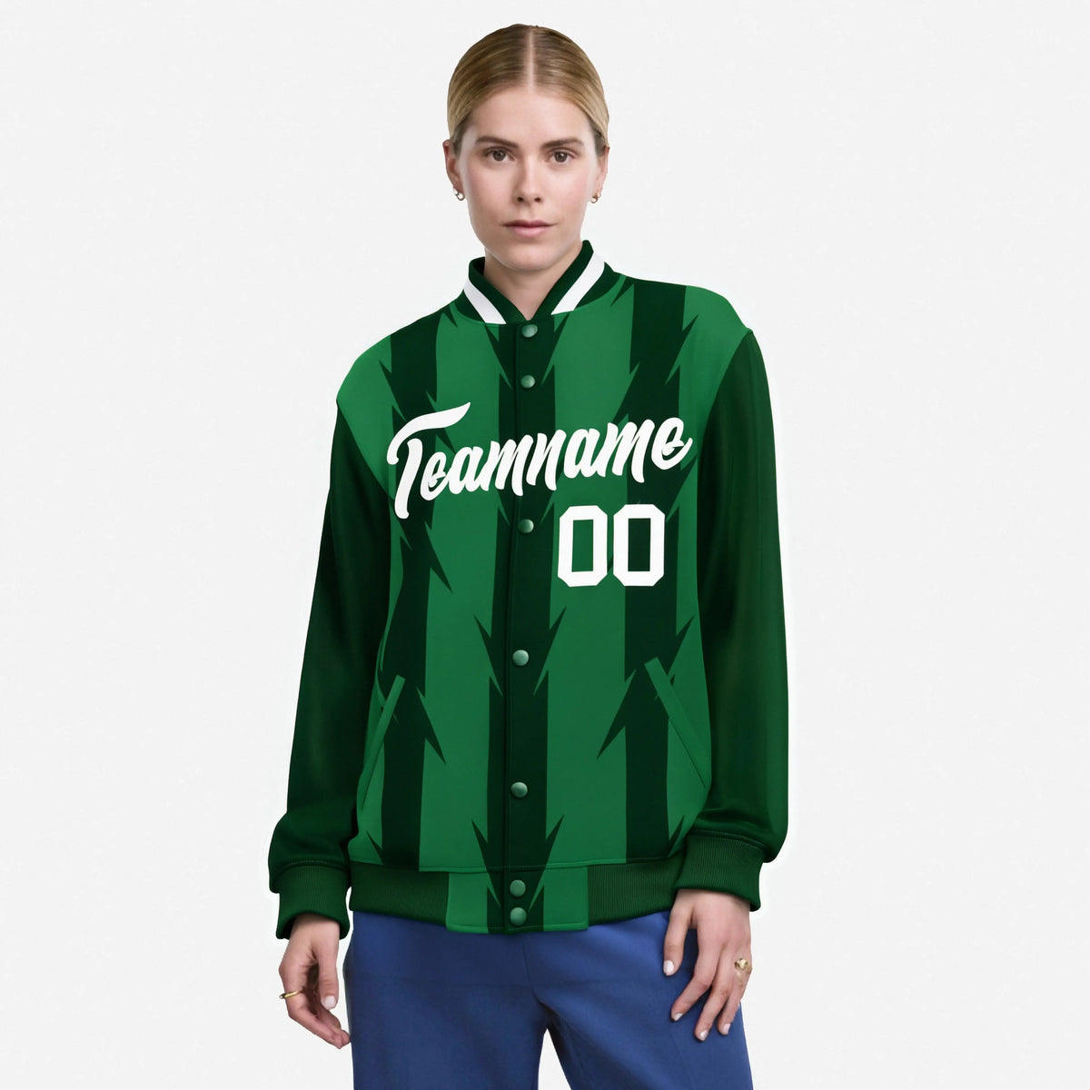 Custom Green Kelly Green-White Blade Graffiti Pattern Varsity Full-Snap Jacket