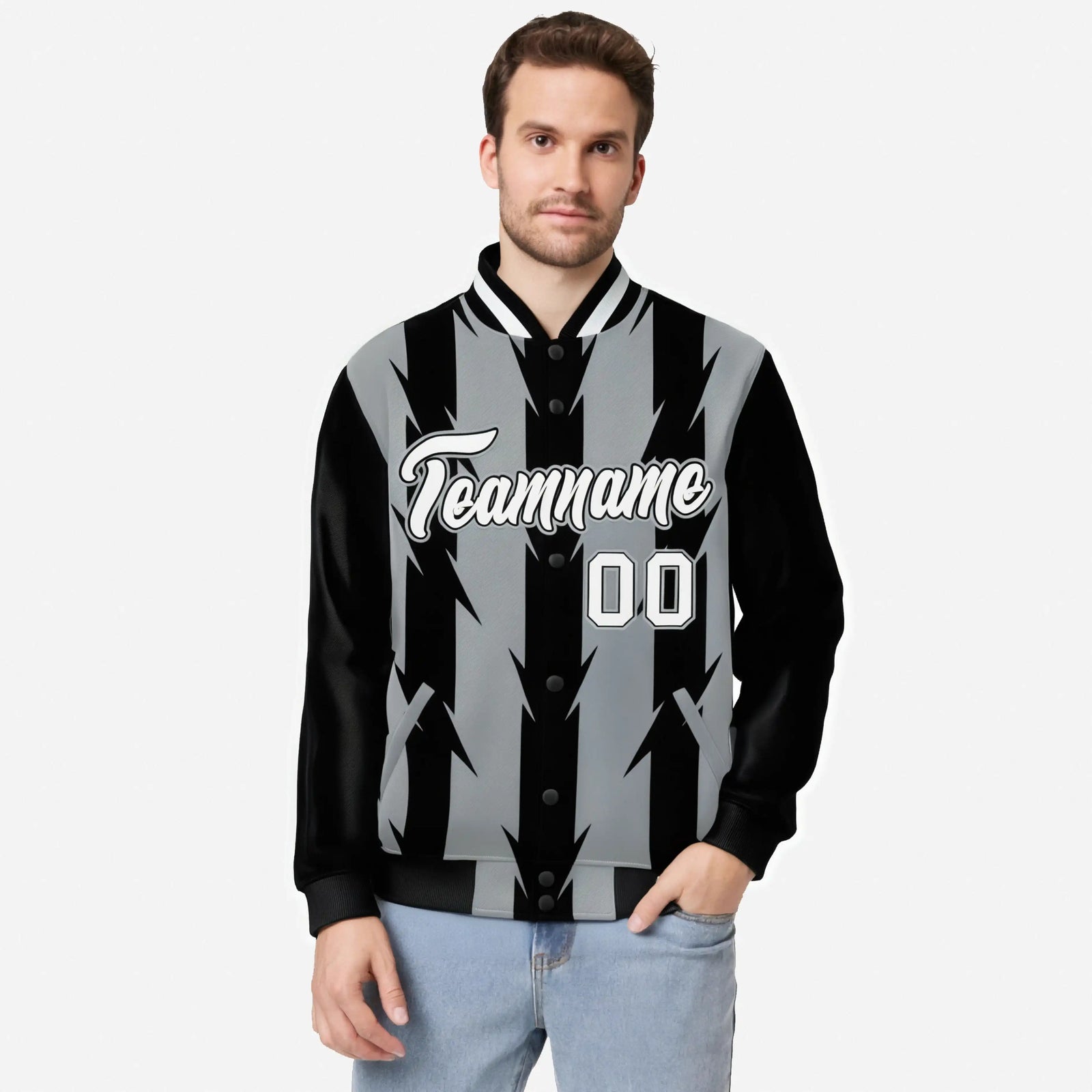 Custom Gray Black-White Blade Graffiti Pattern Varsity Full-Snap Jacket