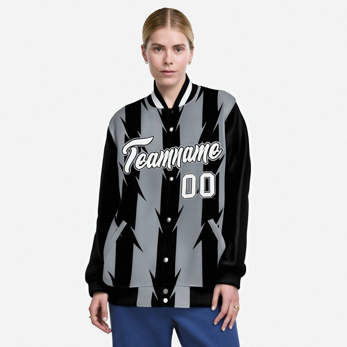 Custom Gray Black-White Blade Graffiti Pattern Varsity Full-Snap Jacket