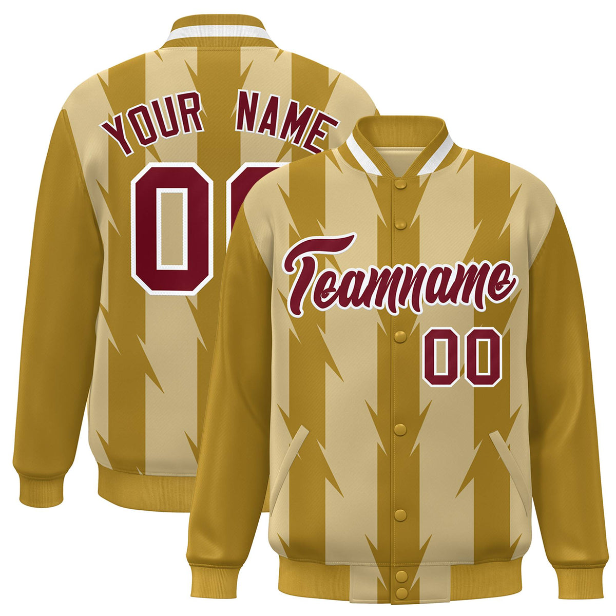 Custom Old Gold Khaki-Crimson Blade Graffiti Pattern Varsity Full-Snap Jacket