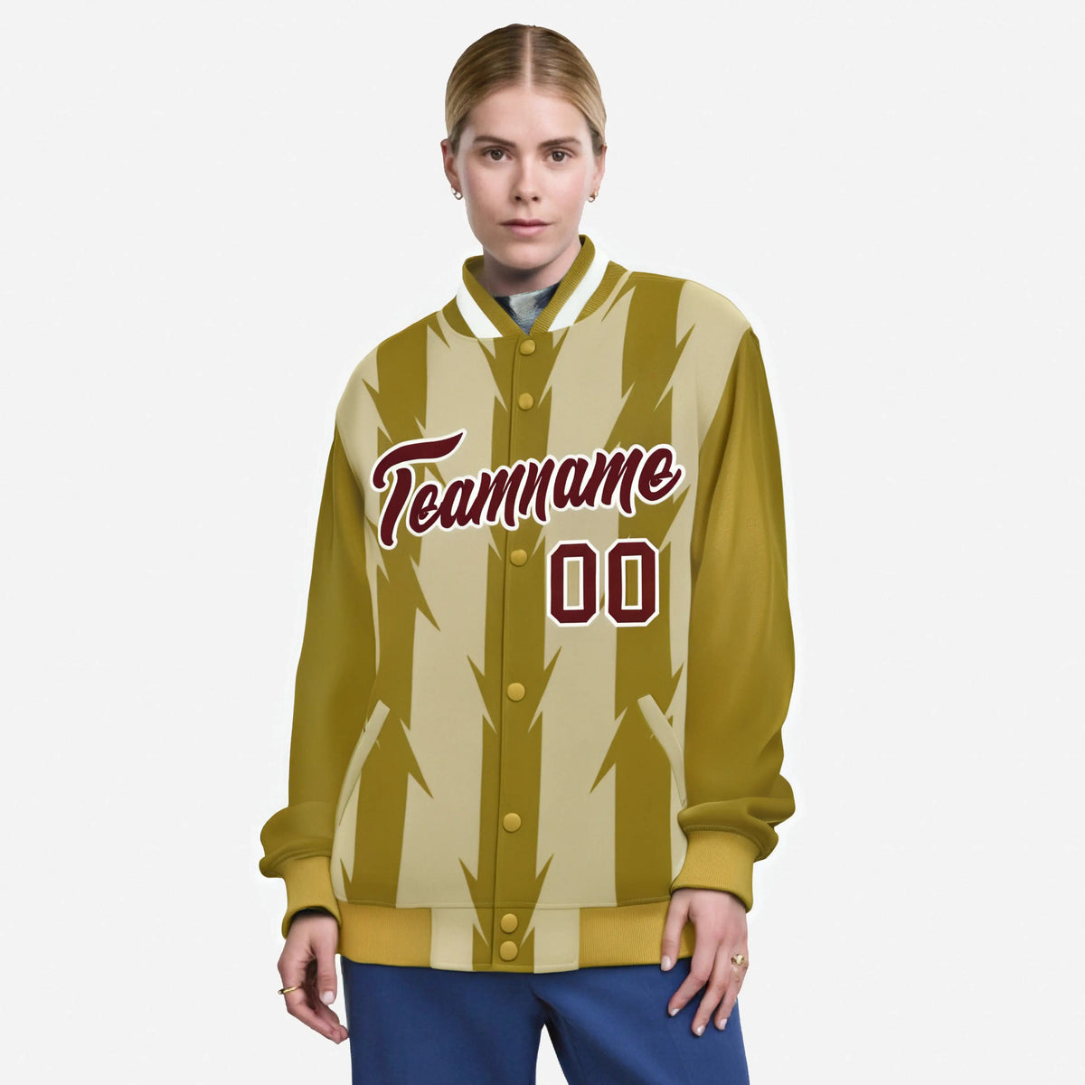 Custom Old Gold Khaki-Crimson Blade Graffiti Pattern Varsity Full-Snap Jacket