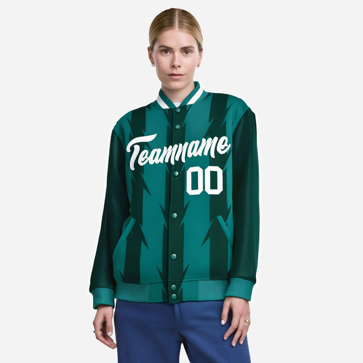 Custom Green Aqua-White Blade Graffiti Pattern Varsity Full-Snap Jacket