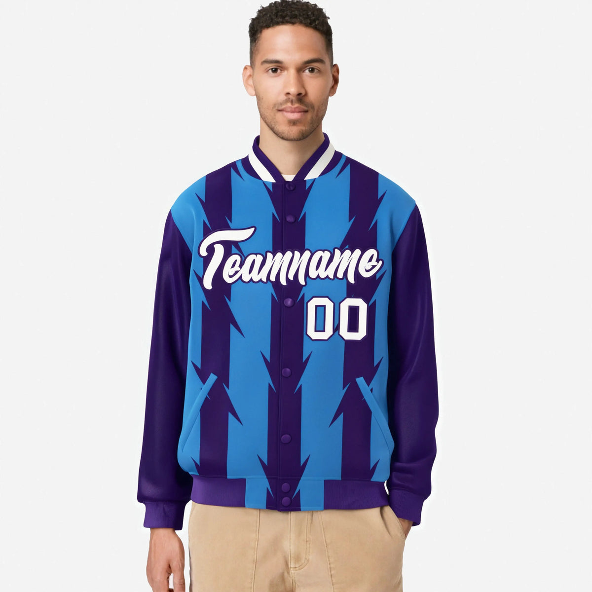 Custom Powder Blue Purple-White Blade Graffiti Pattern Varsity Full-Snap Jacket