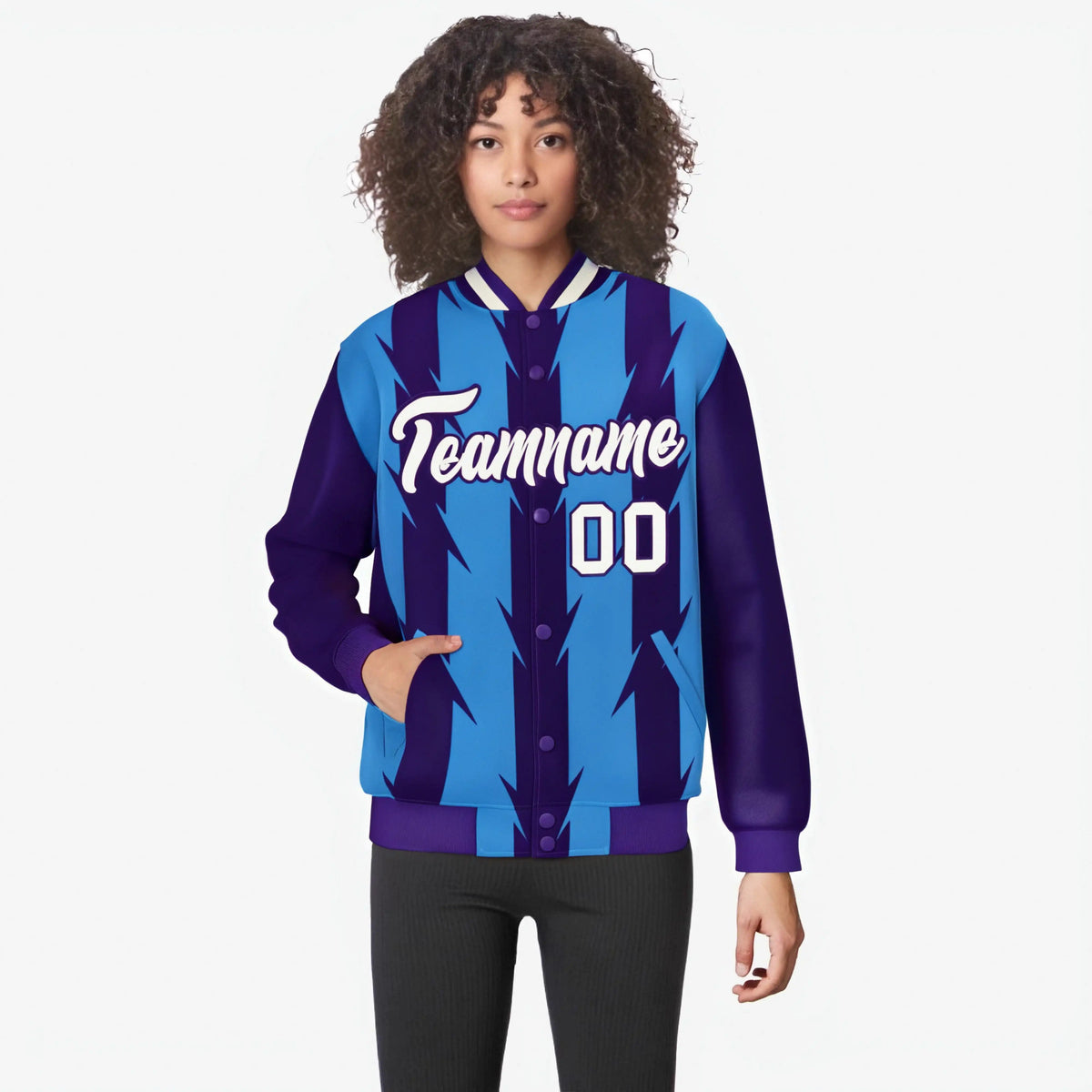 Custom Powder Blue Purple-White Blade Graffiti Pattern Varsity Full-Snap Jacket