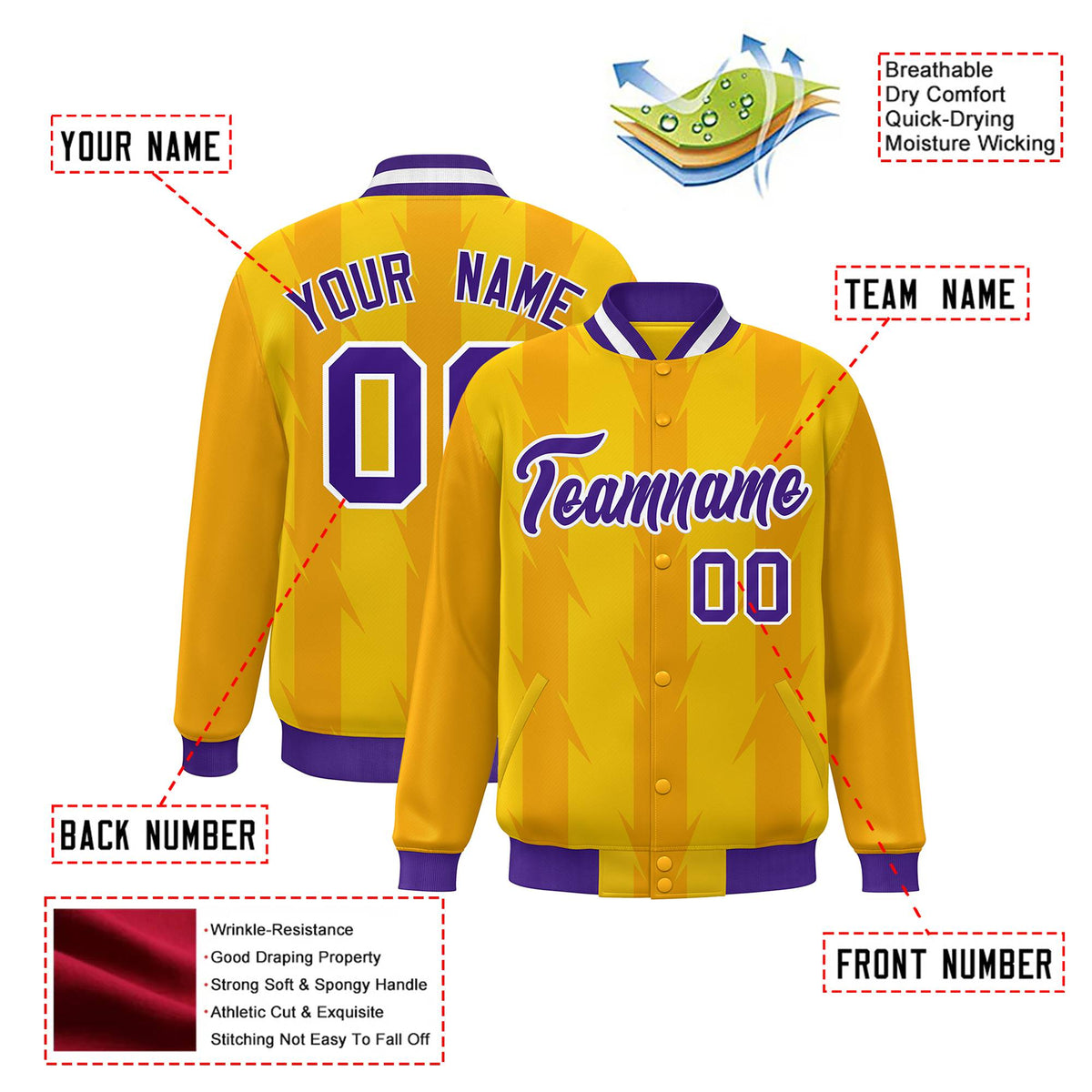 Custom Gold Yellow Purple-White Blade Graffiti Pattern Varsity Full-Snap Jacket