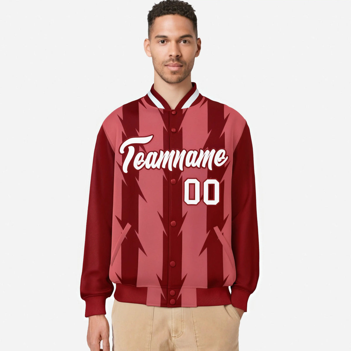 Custom Light Red Red-White Blade Graffiti Pattern Varsity Full-Snap Jacket