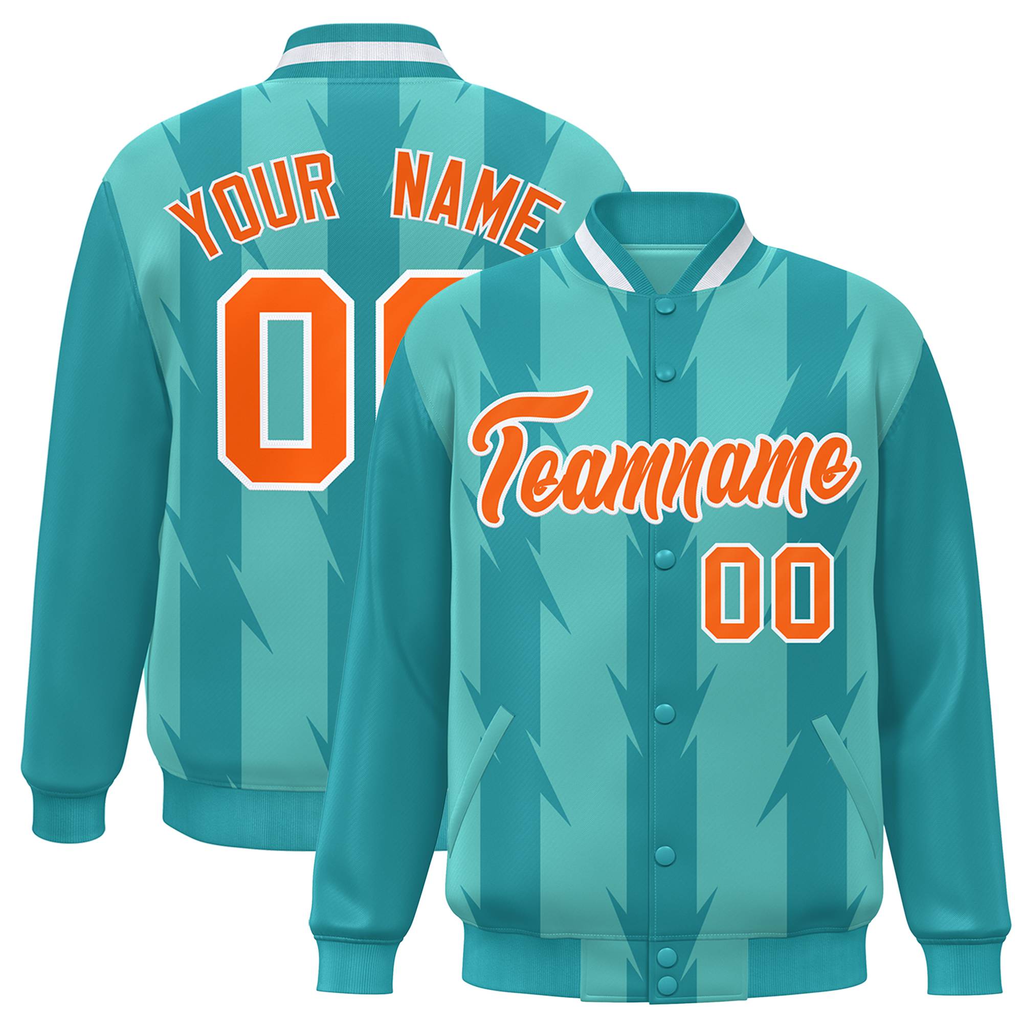 Custom Teal Aqua Orange-White Blade Graffiti Pattern Varsity Full-Snap Jacket