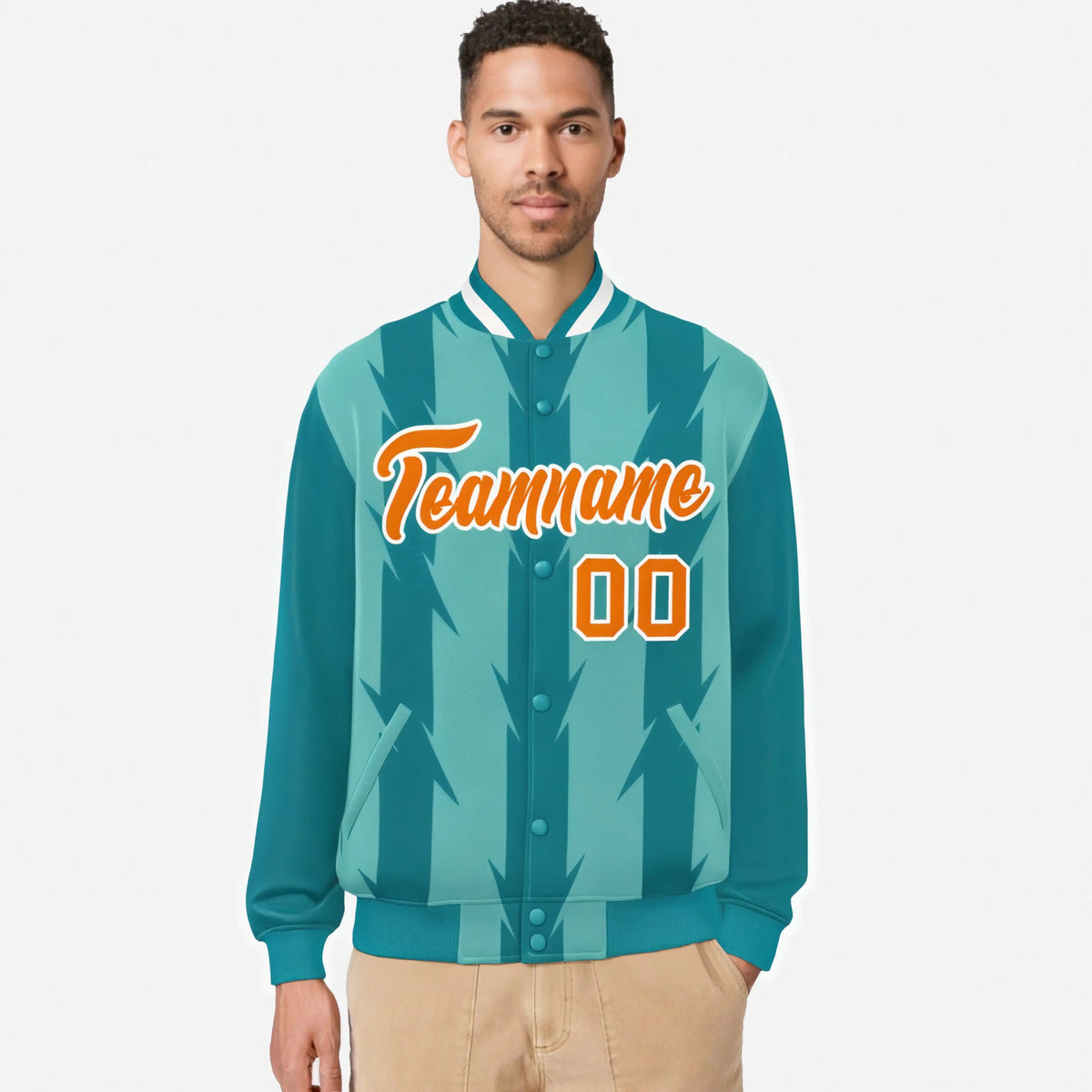Custom Teal Aqua Orange-White Blade Graffiti Pattern Varsity Full-Snap Jacket