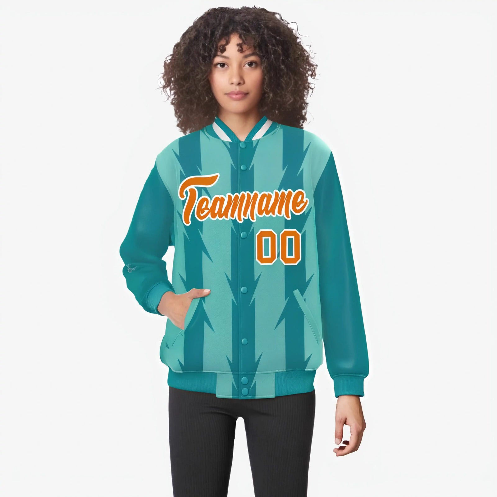 Custom Teal Aqua Orange-White Blade Graffiti Pattern Varsity Full-Snap Jacket