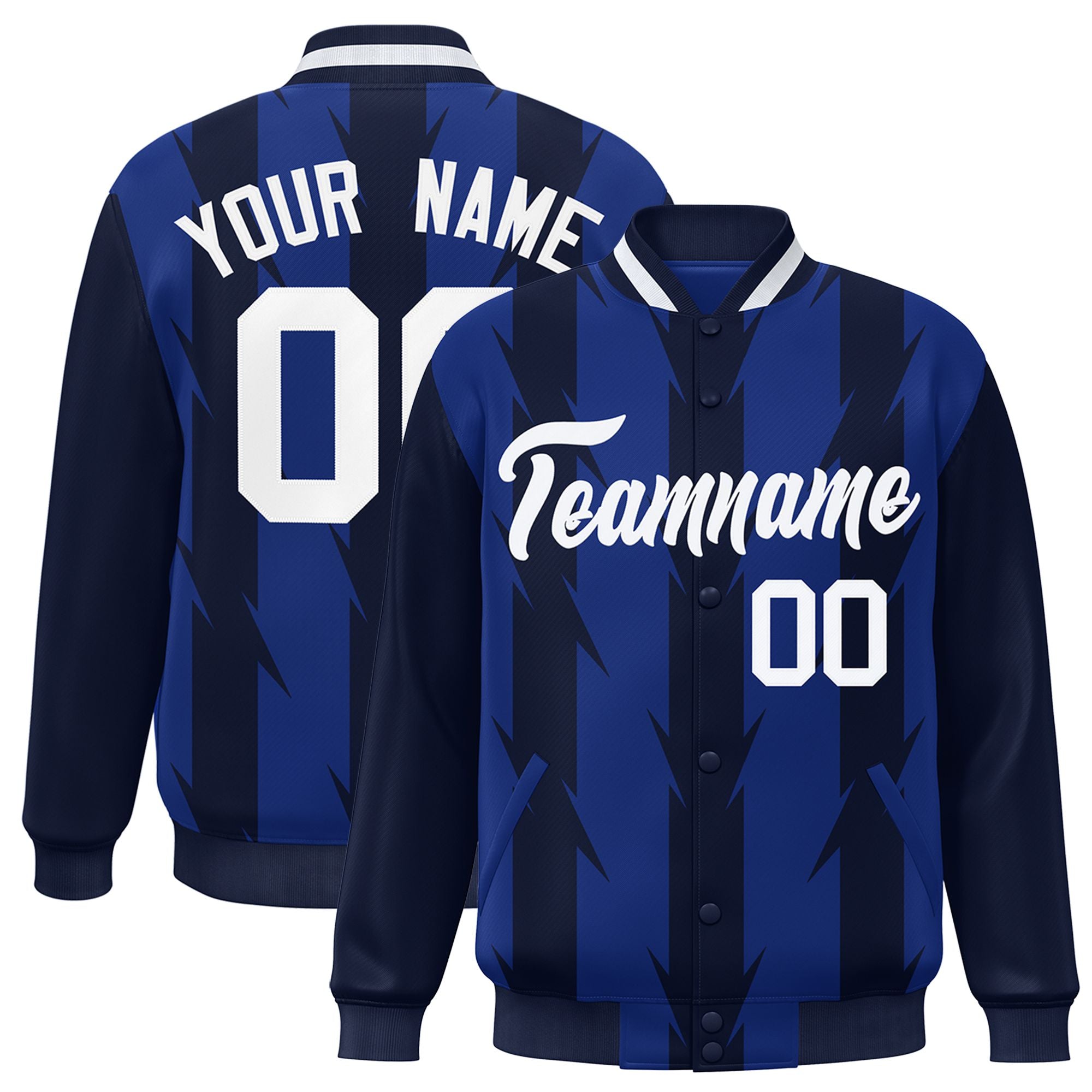 Custom Royal Blue Navy-White Blade Graffiti Pattern Varsity Full-Snap Jacket