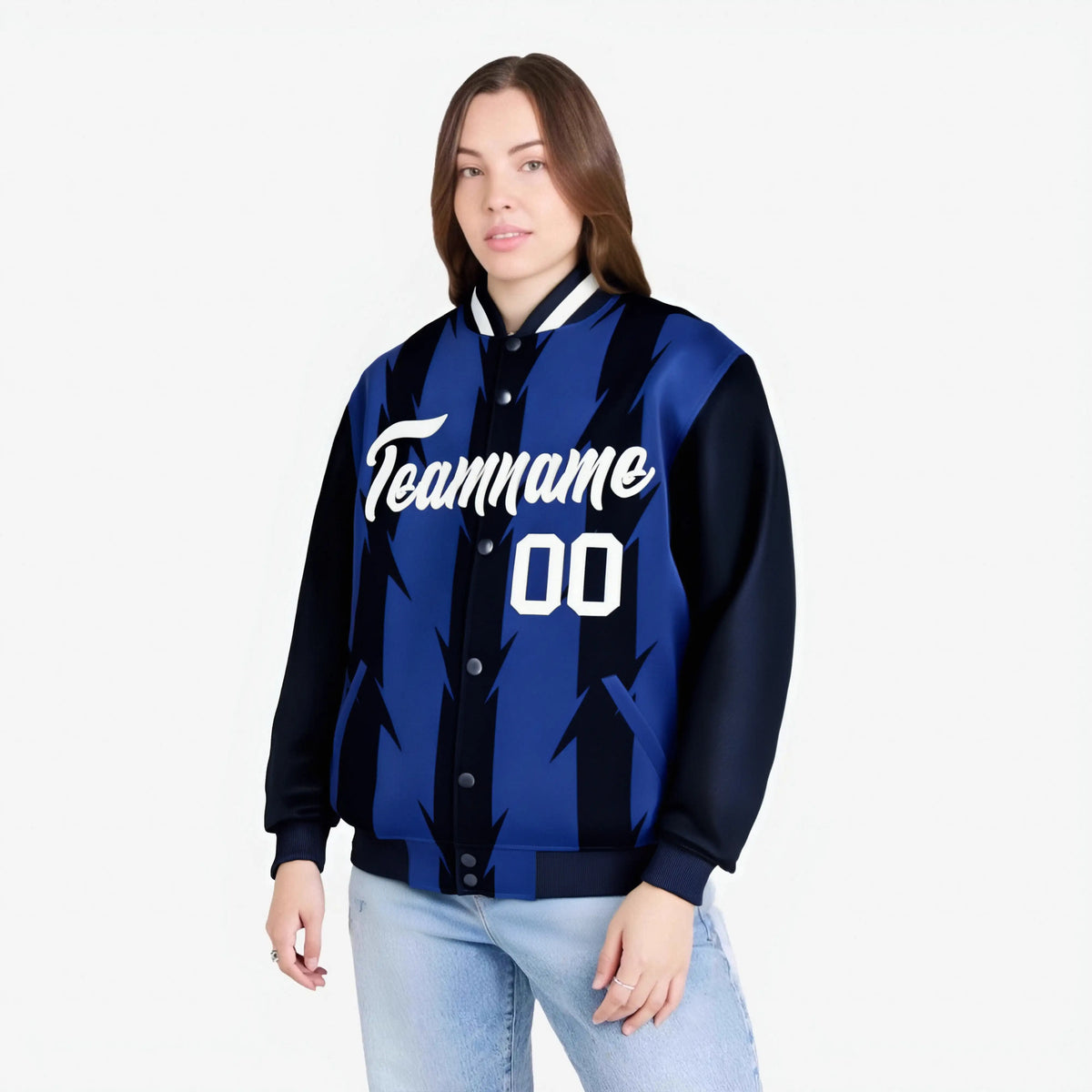 Custom Royal Blue Navy-White Blade Graffiti Pattern Varsity Full-Snap Jacket