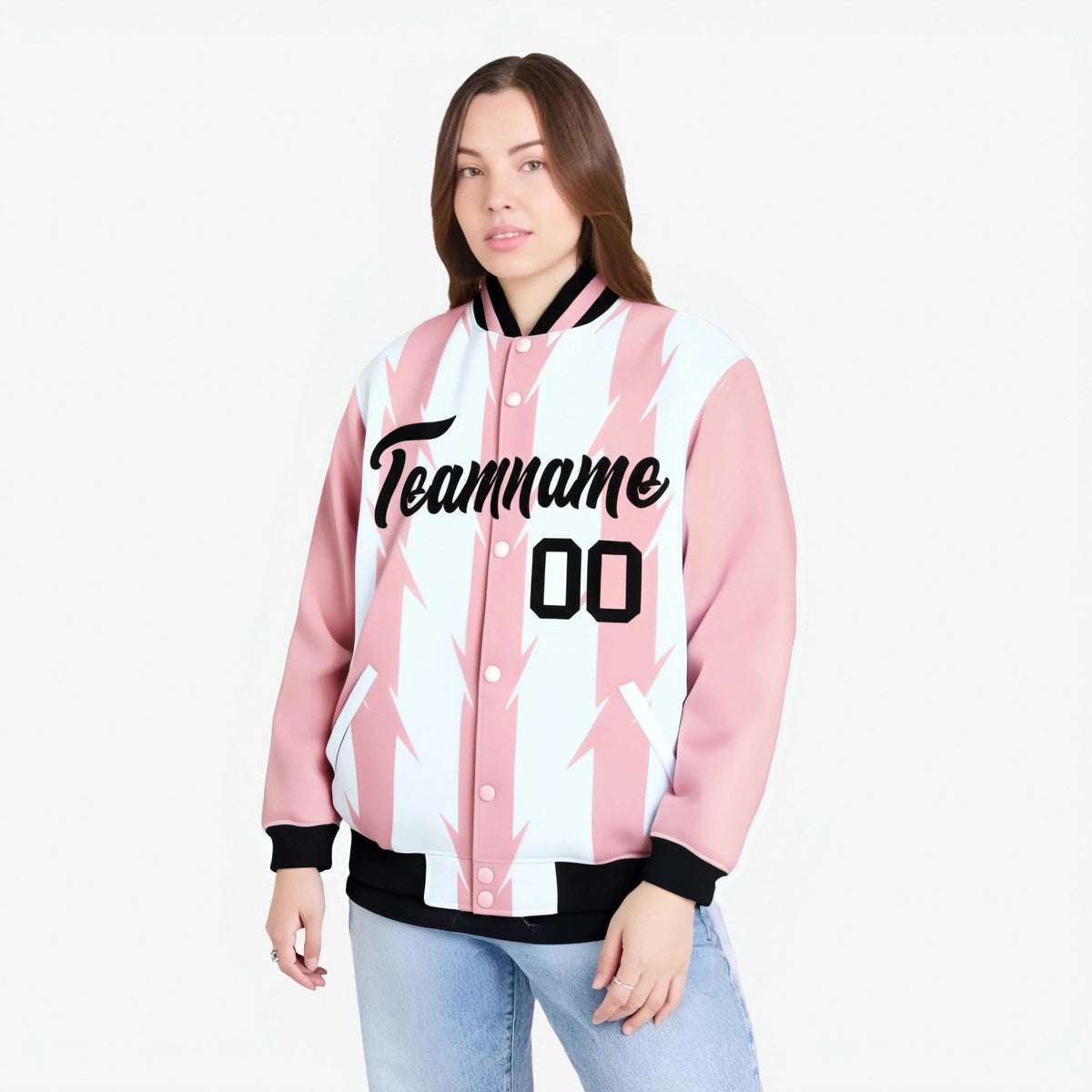 Custom White Light Pink-Black Blade Graffiti Pattern Varsity Full-Snap Jacket
