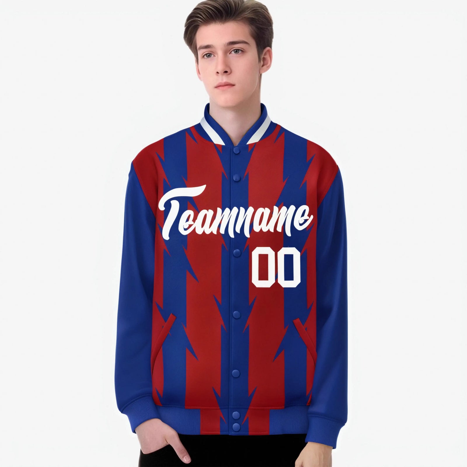 Custom Red Royal Blue-White Blade Graffiti Pattern Varsity Full-Snap Jacket