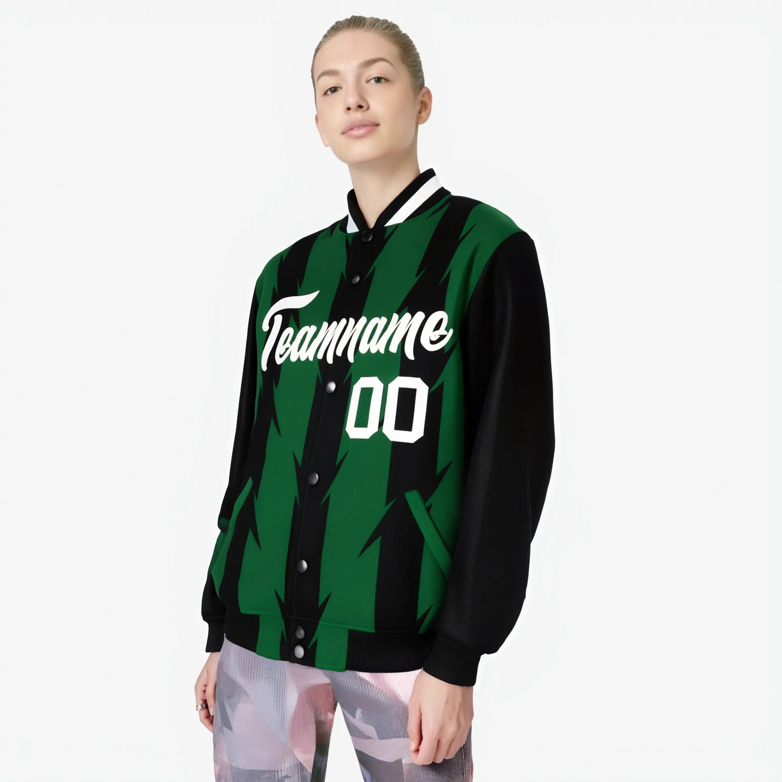 Custom Green Black-White Blade Graffiti Pattern Varsity Full-Snap Jacket