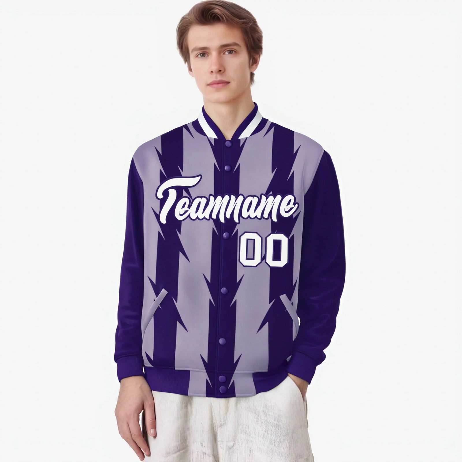 Custom Light Purple Purple-White Blade Graffiti Pattern Varsity Full-Snap Jacket