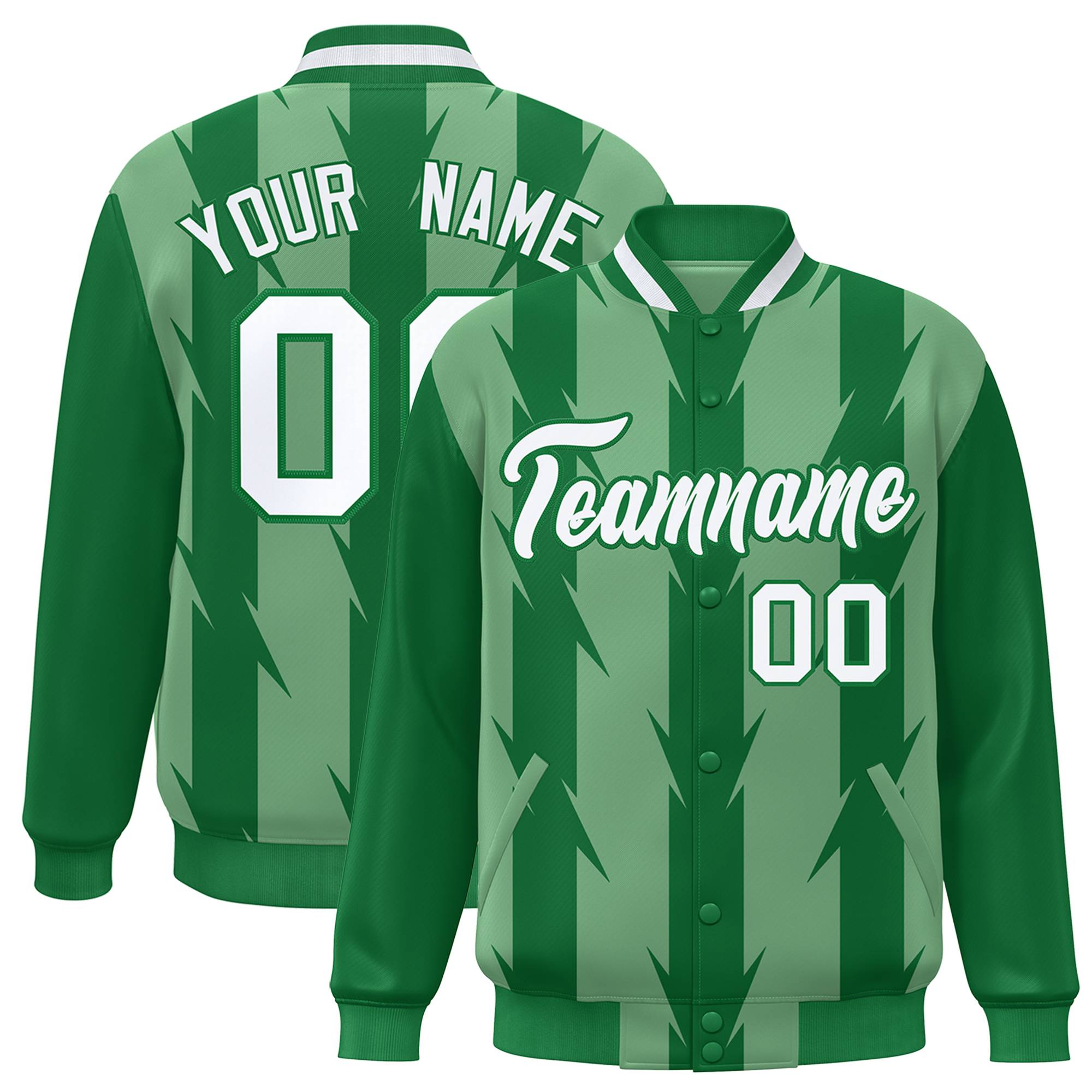 Custom Bright Green Kelly Green-White Blade Graffiti Pattern Varsity Full-Snap Jacket