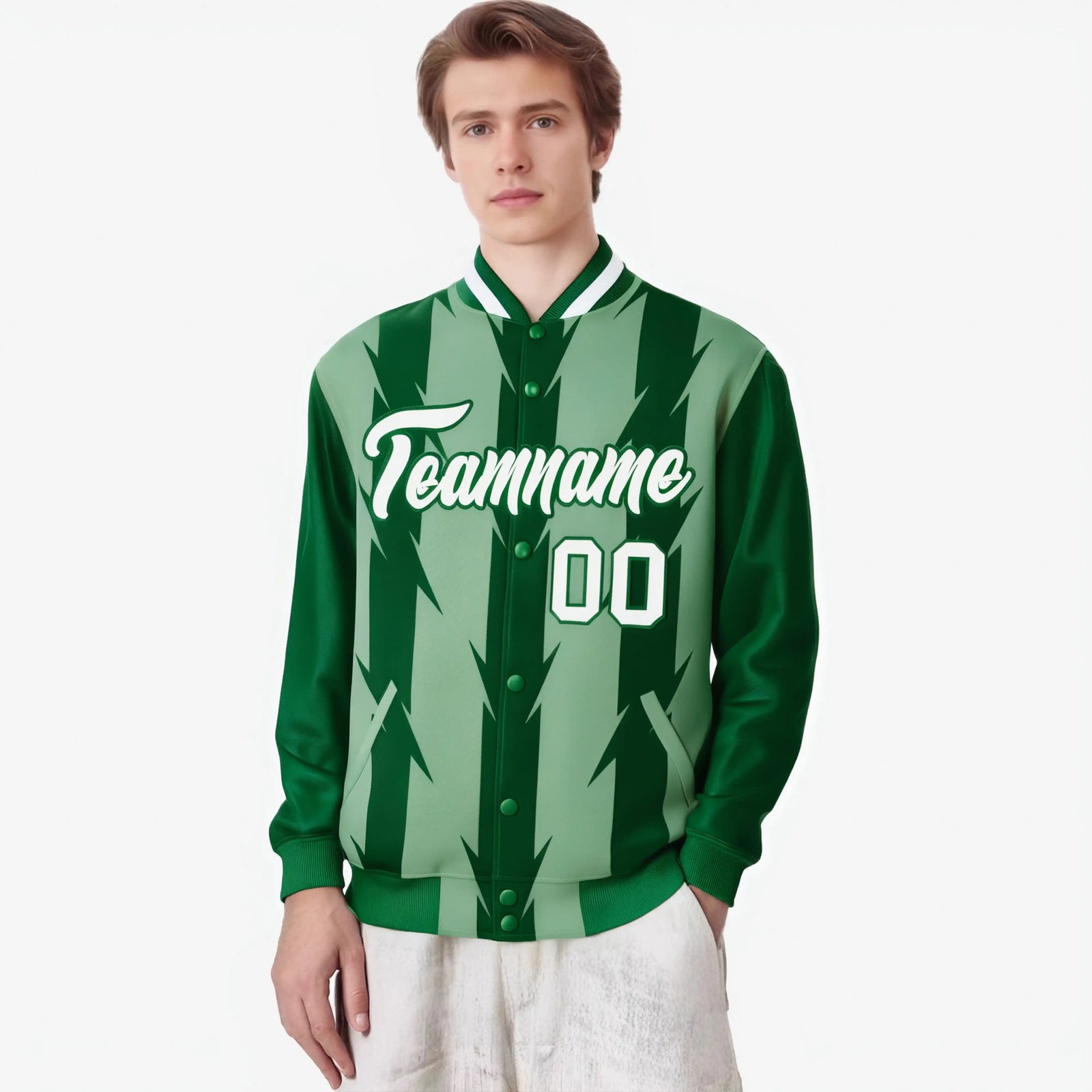 Custom Bright Green Kelly Green-White Blade Graffiti Pattern Varsity Full-Snap Jacket