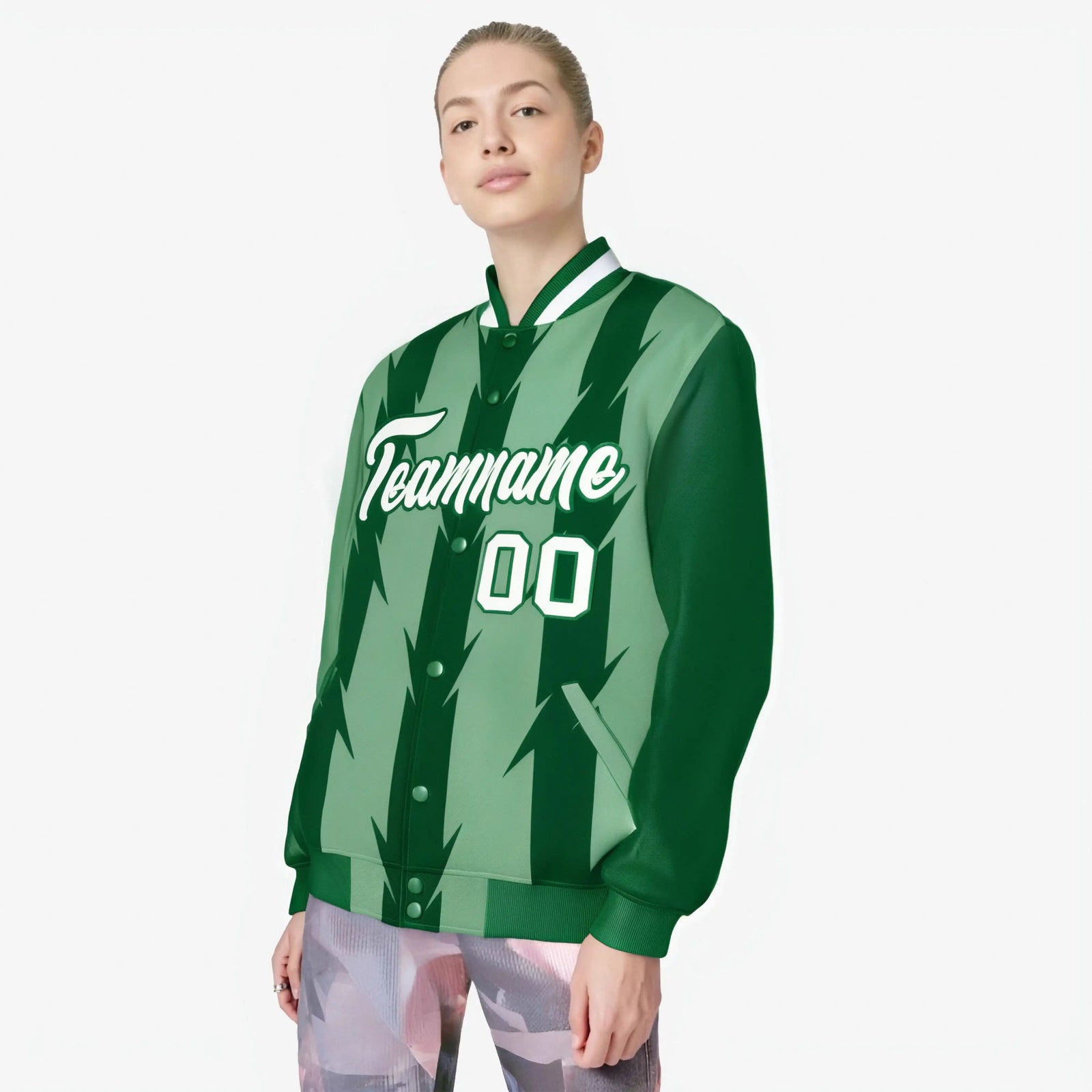 Custom Bright Green Kelly Green-White Blade Graffiti Pattern Varsity Full-Snap Jacket