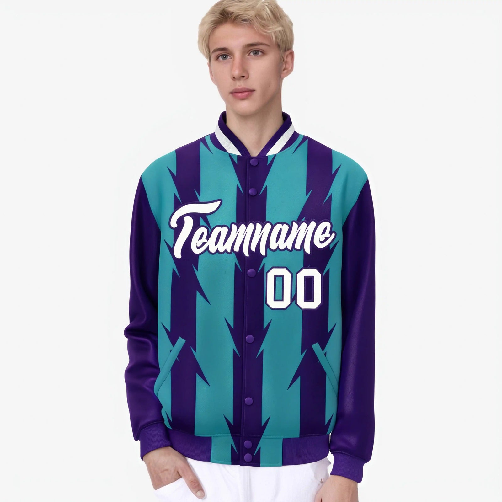 Custom Aqua Purple-White Blade Graffiti Pattern Varsity Full-Snap Jacket