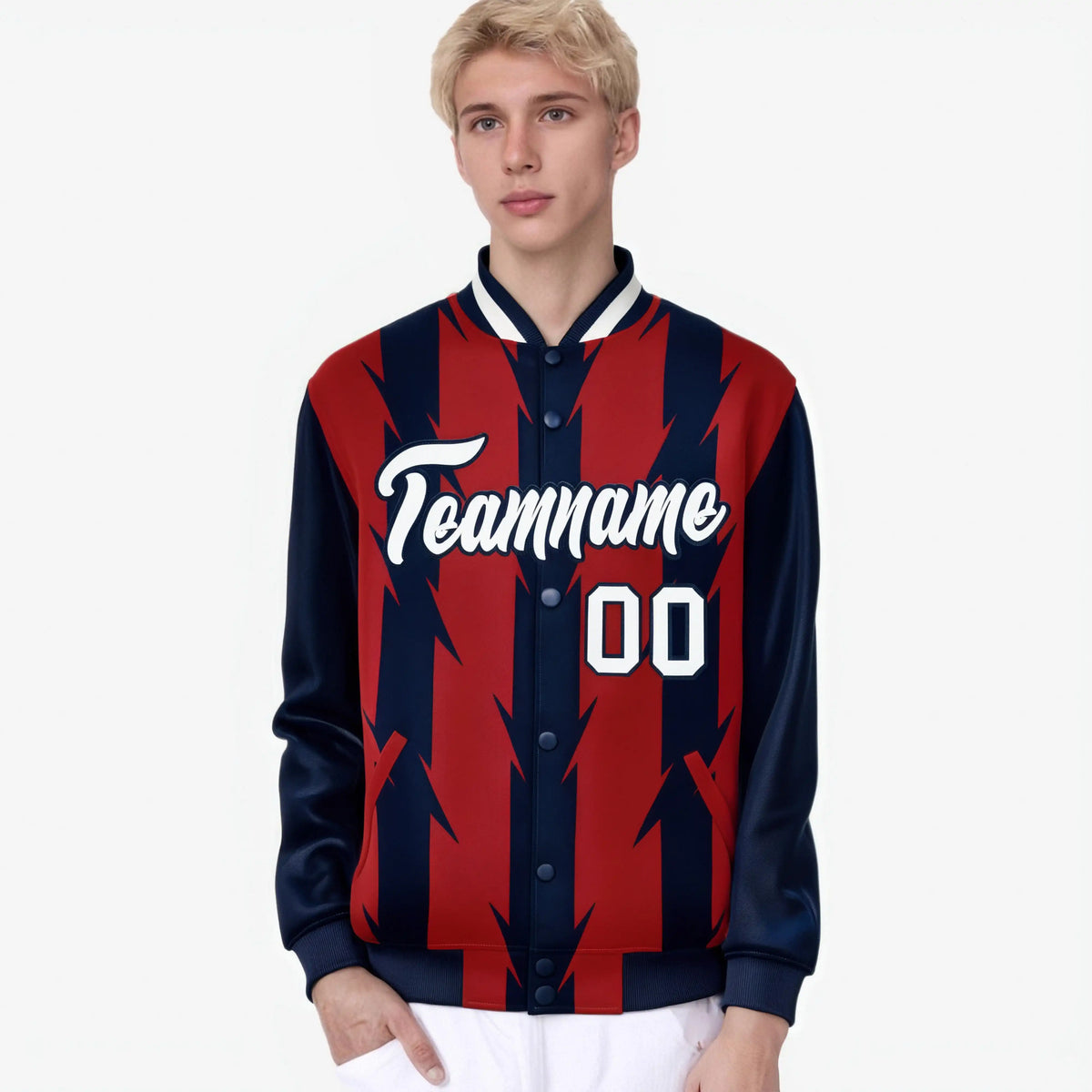 Custom Red Navy-White Blade Graffiti Pattern Varsity Full-Snap Jacket