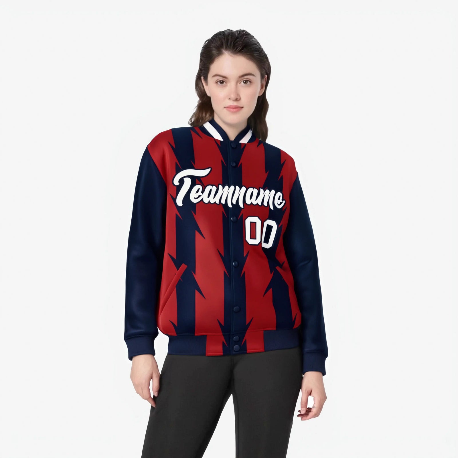 Custom Red Navy-White Blade Graffiti Pattern Varsity Full-Snap Jacket