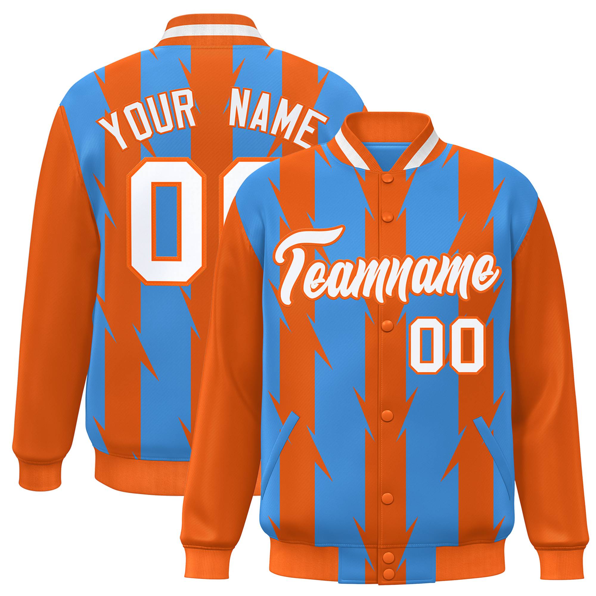 Custom Powder Blue Orange-White Blade Graffiti Pattern Varsity Full-Snap Jacket