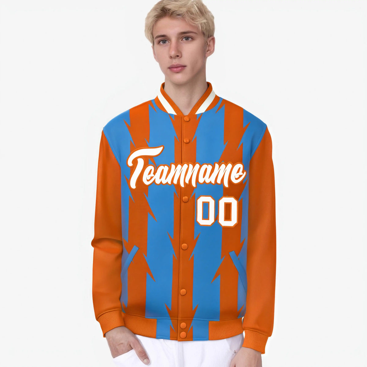 Custom Powder Blue Orange-White Blade Graffiti Pattern Varsity Full-Snap Jacket