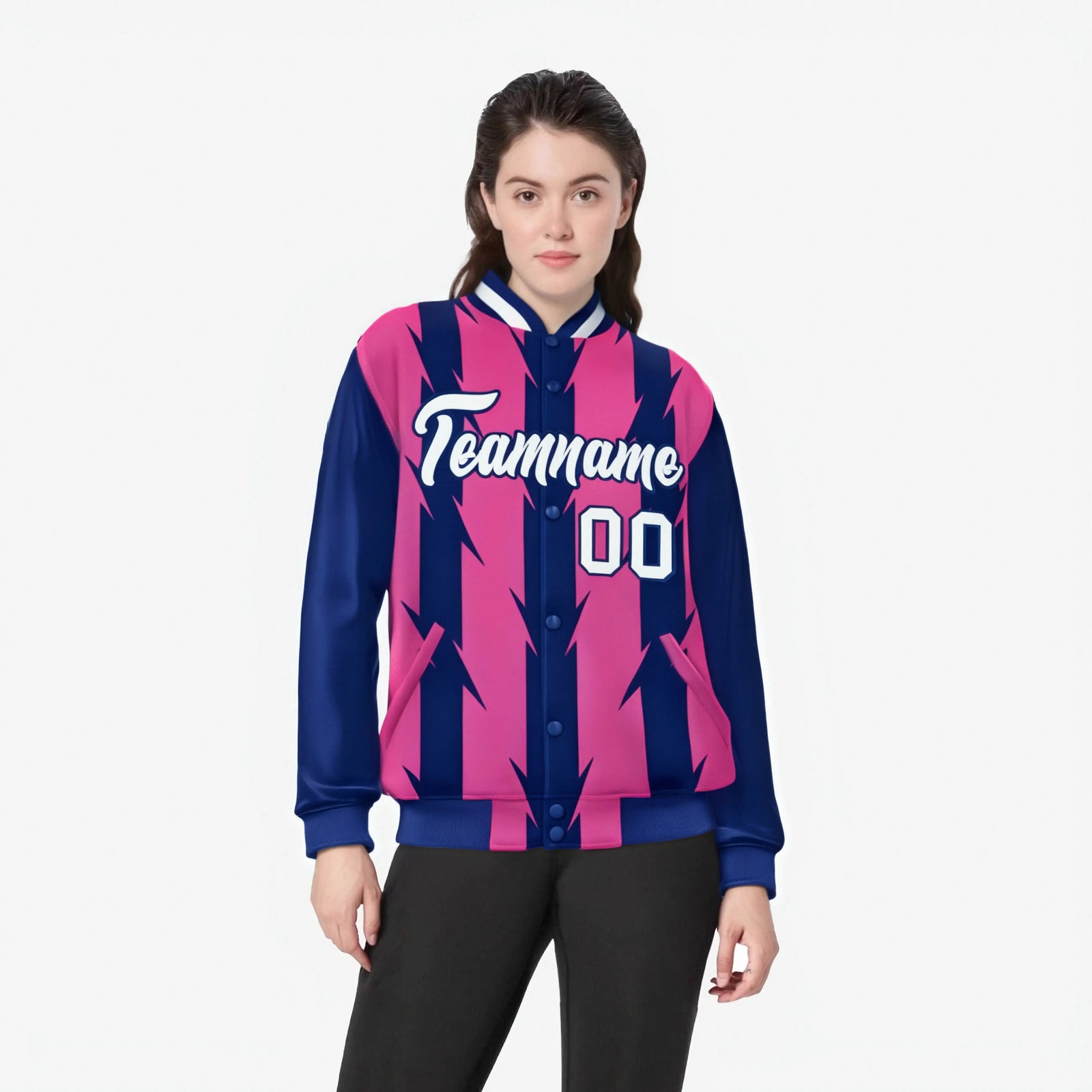 Custom Pink Royal Blue-White Blade Graffiti Pattern Varsity Full-Snap Jacket