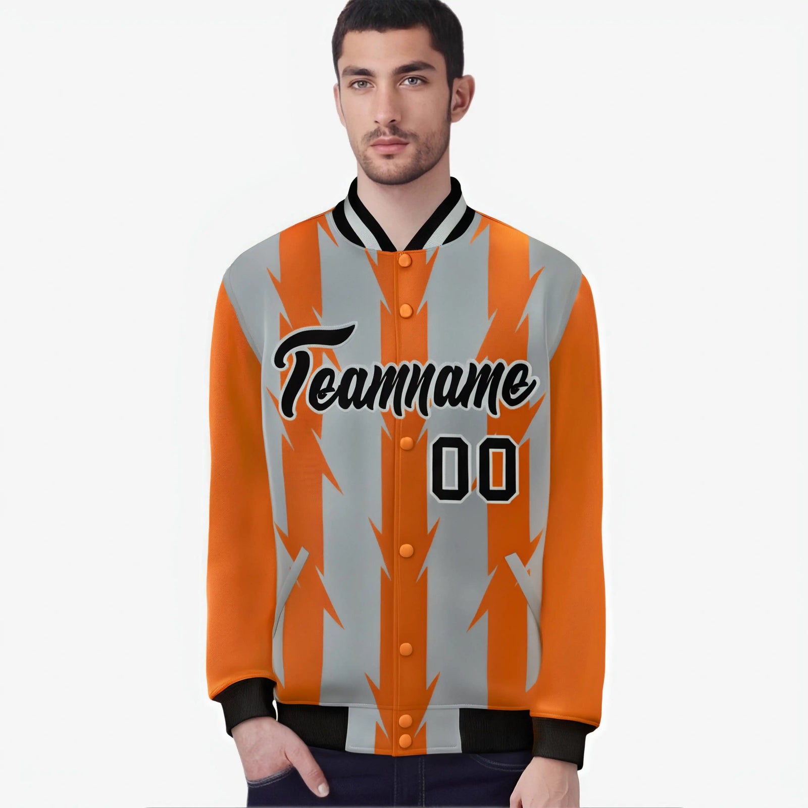 Custom Gray Orange Black Blade Graffiti Pattern Varsity Full-Snap Jacket