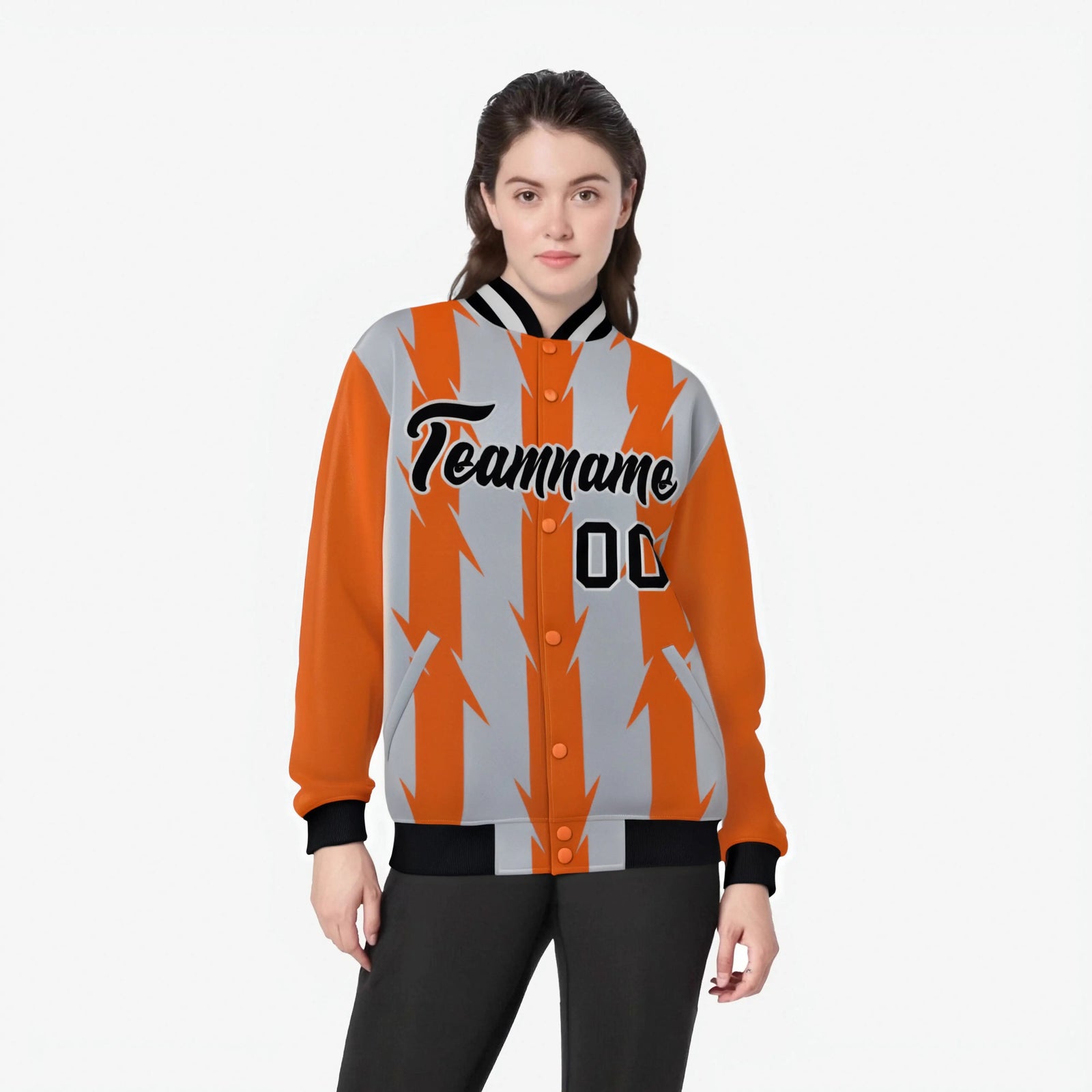 Custom Gray Orange Black Blade Graffiti Pattern Varsity Full-Snap Jacket