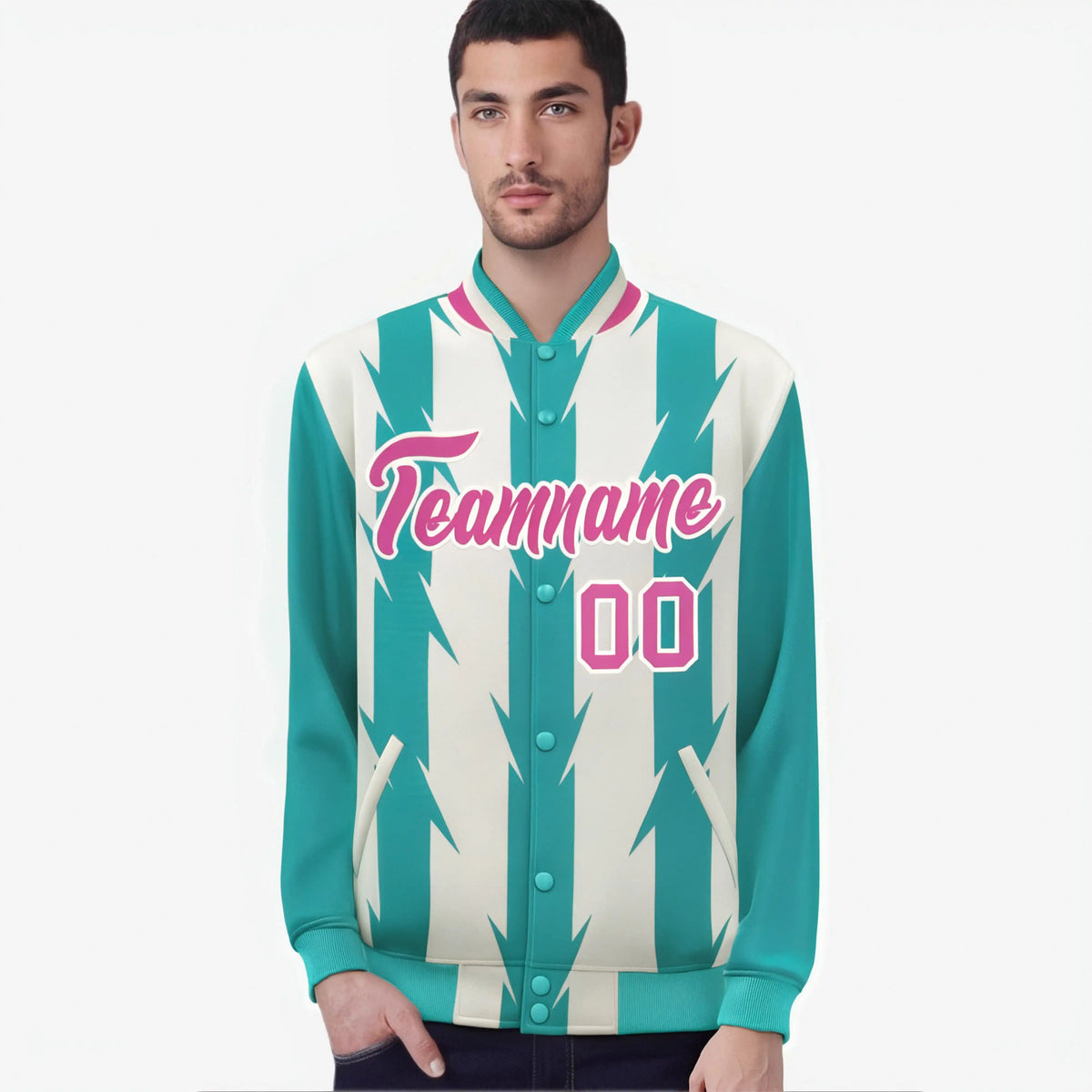 Custom Cream Aqua Pink Blade Graffiti Pattern Varsity Full-Snap Jacket