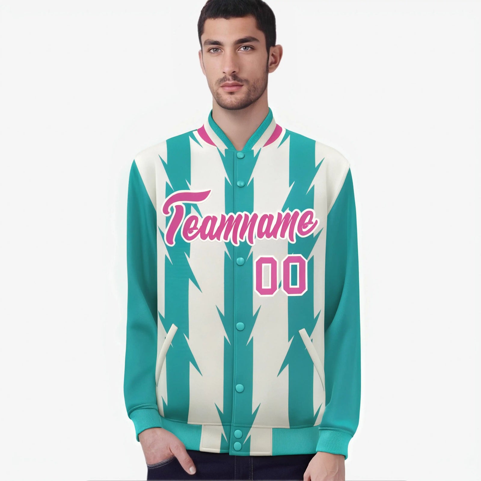 Custom Cream Aqua Pink Blade Graffiti Pattern Varsity Full-Snap Jacket