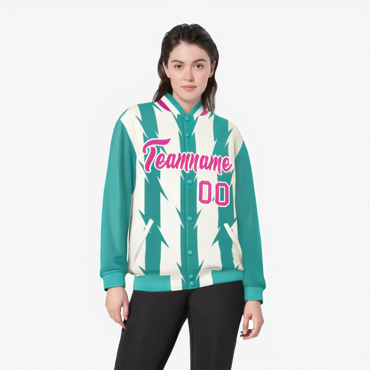 Custom Cream Aqua Pink Blade Graffiti Pattern Varsity Full-Snap Jacket