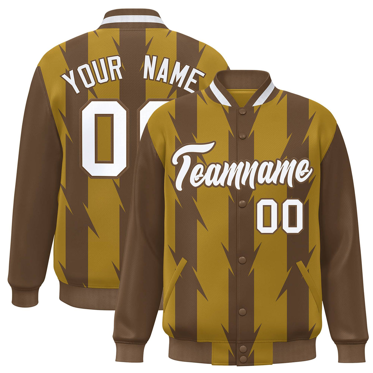 Custom Old Gold Brown-White Blade Graffiti Pattern Varsity Full-Snap Jacket