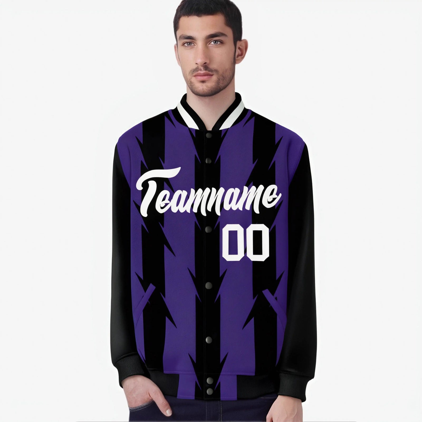 Custom Purple Black-White Blade Graffiti Pattern Varsity Full-Snap Jacket