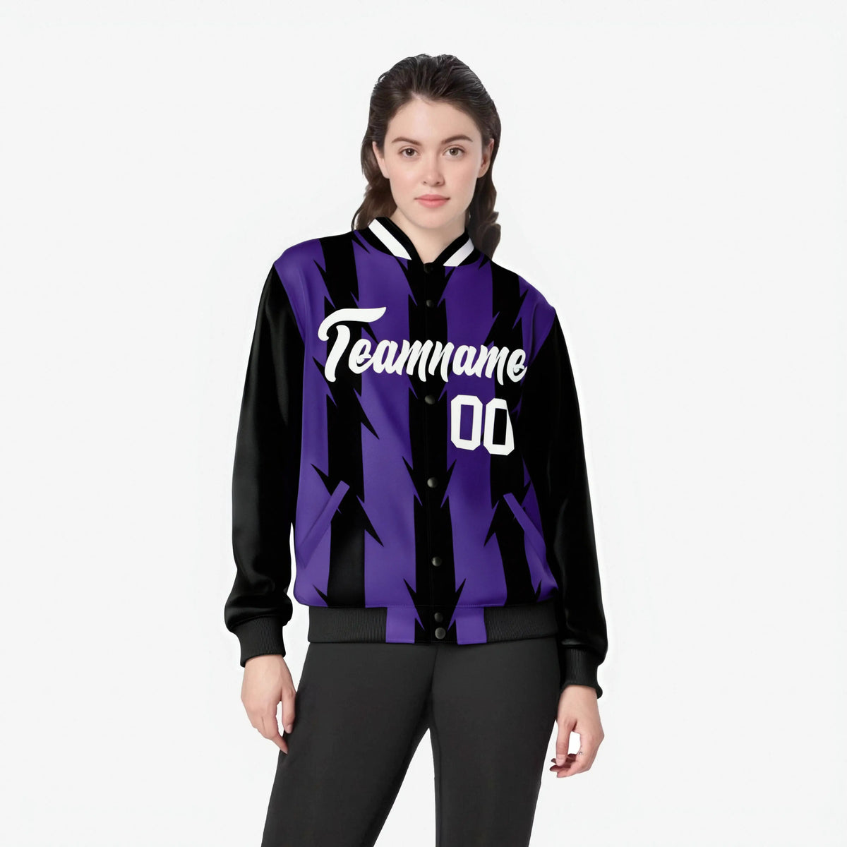 Custom Purple Black-White Blade Graffiti Pattern Varsity Full-Snap Jacket