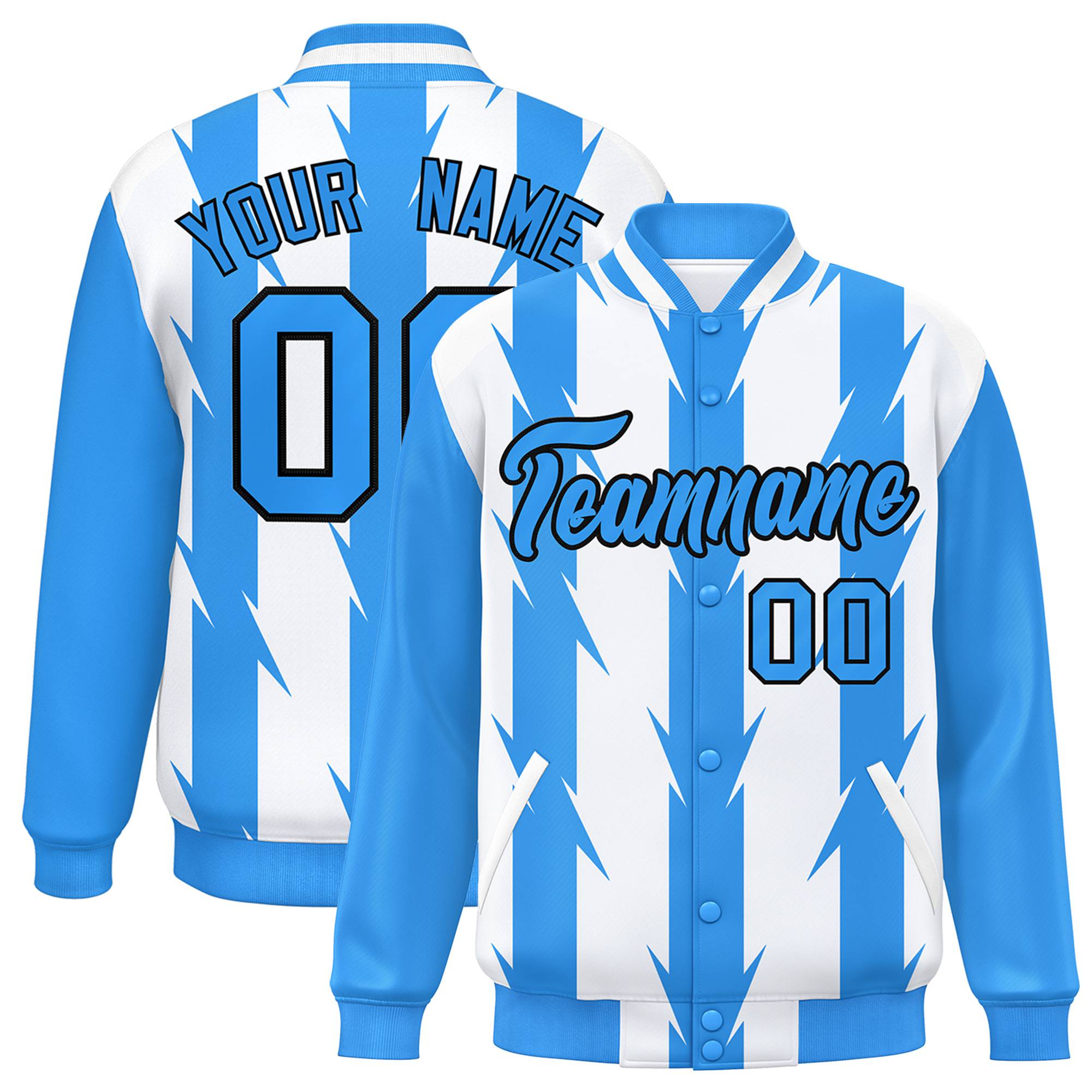 Custom White Powder Blue-Black Blade Graffiti Pattern Varsity Full-Snap Jacket