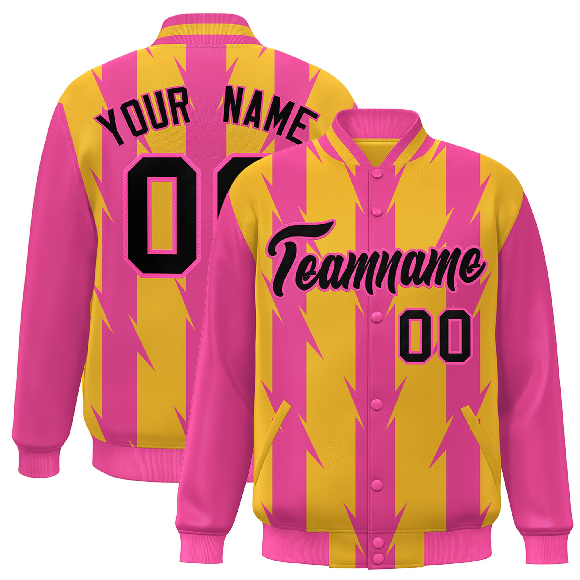 Custom Gold Pink-Black Blade Graffiti Pattern Varsity Full-Snap Jacket