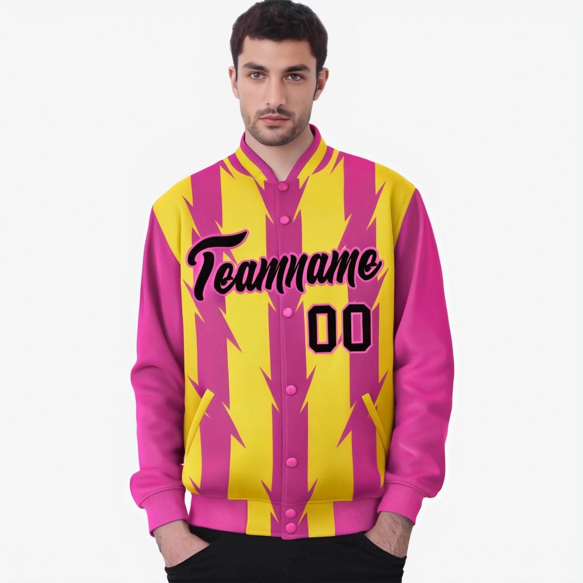 Custom Gold Pink-Black Blade Graffiti Pattern Varsity Full-Snap Jacket