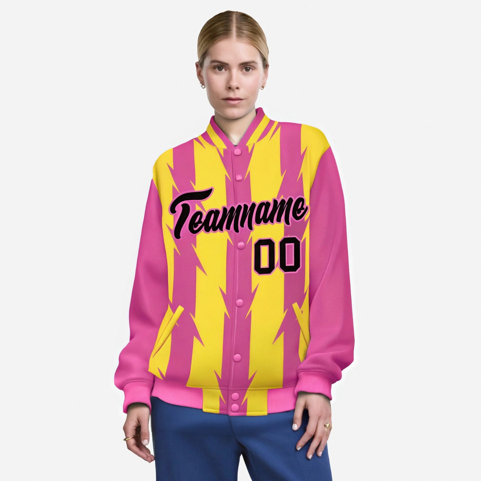 Custom Gold Pink-Black Blade Graffiti Pattern Varsity Full-Snap Jacket